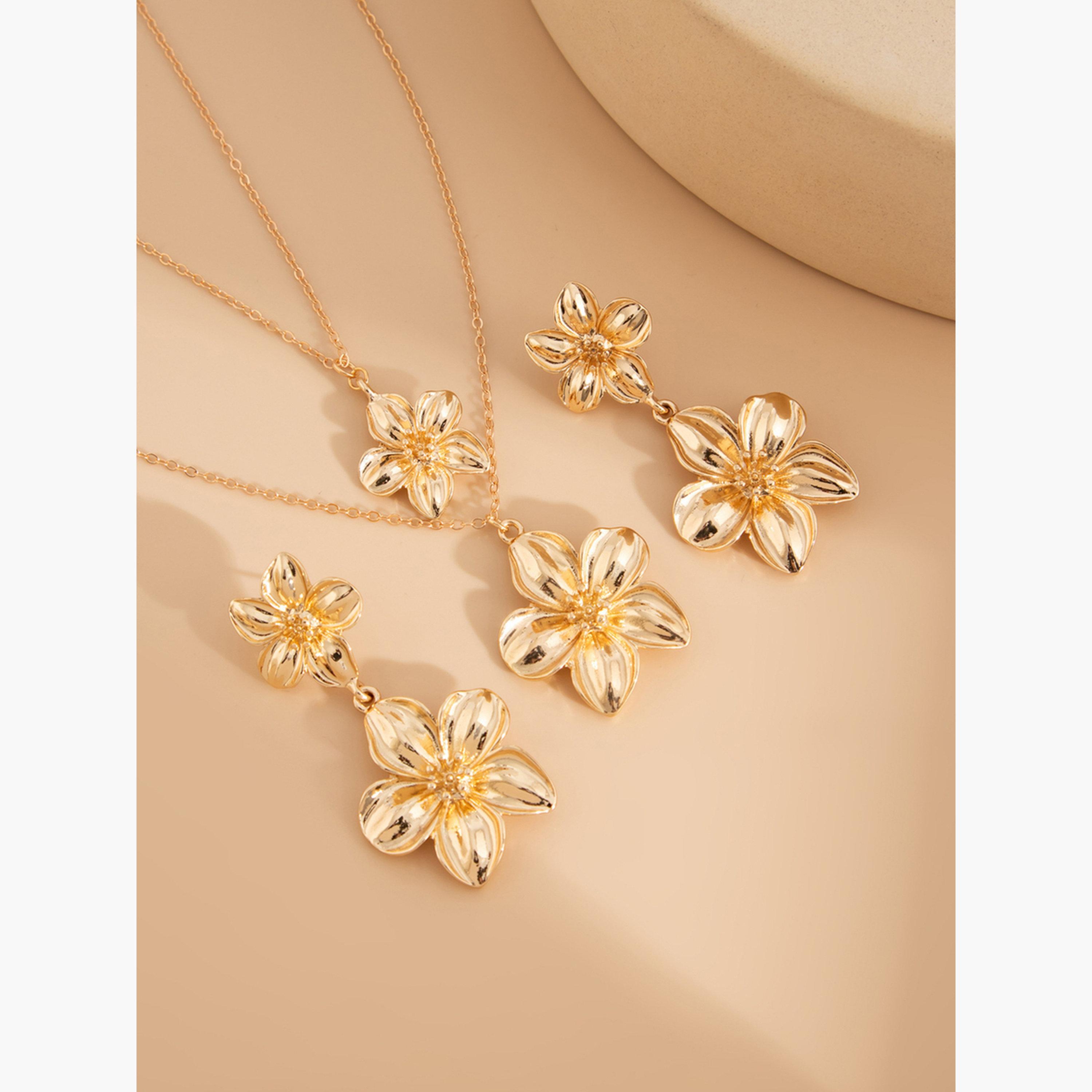 تيك تو - مجوهرات قلادة وأقراط على شكل زهرة-women-watchesandjewellery-jewellery-jewellerysets-image-5