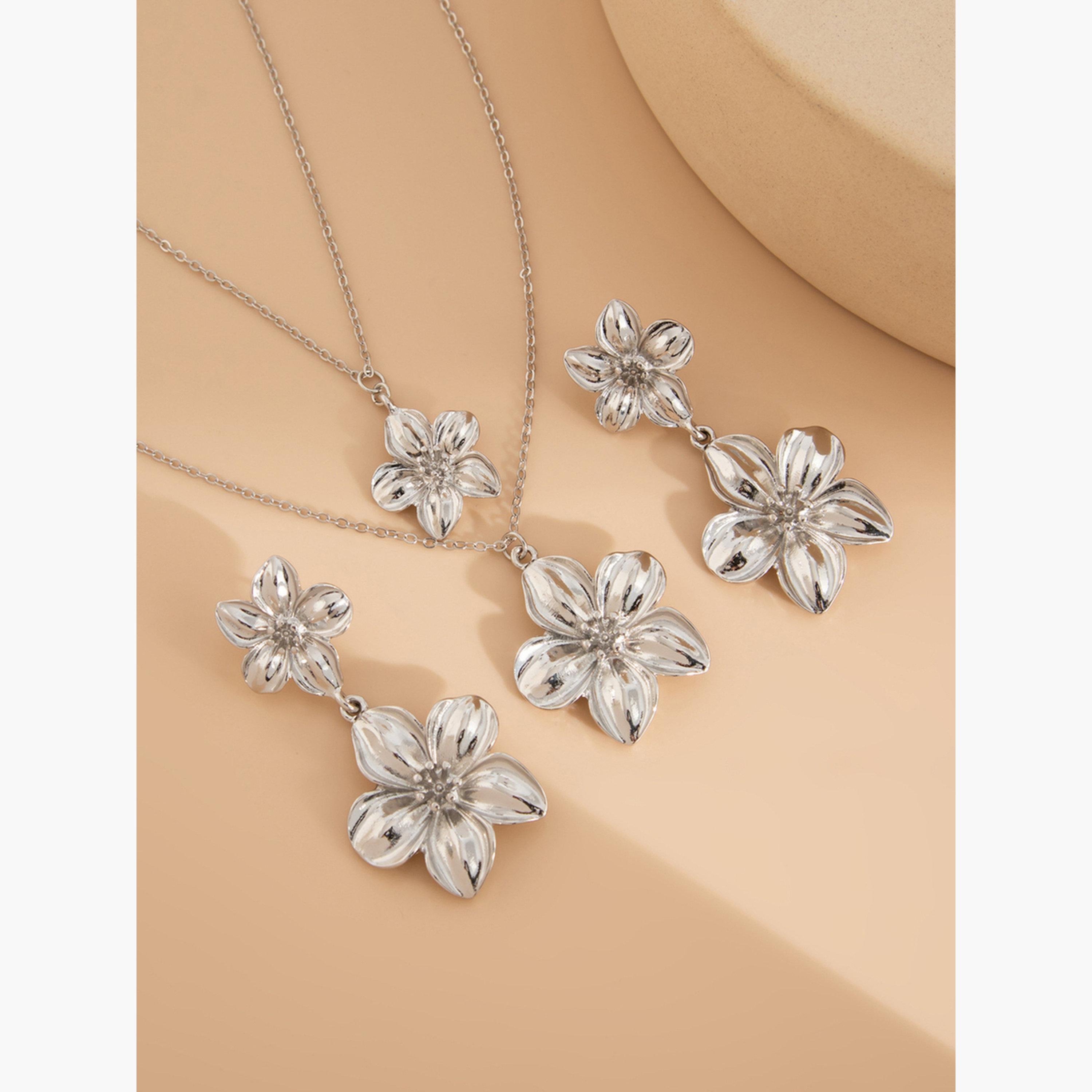 تيك تو - مجوهرات قلادة وأقراط على شكل زهرة-women-watchesandjewellery-jewellery-jewellerysets-image-4