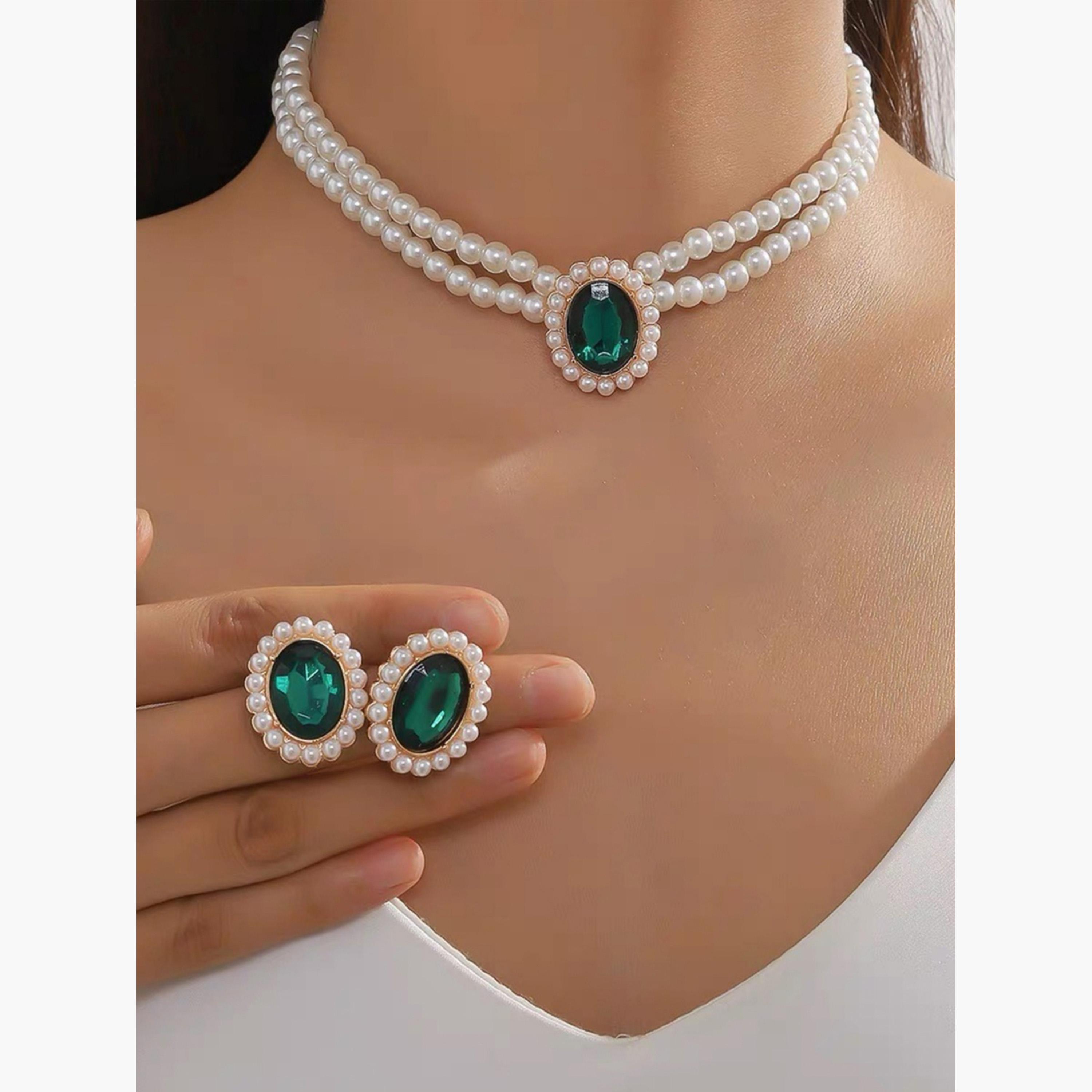 تيك تو - مجوهرات من قلادة وأقراط مزينة باللؤلؤ الصناعي والكريستال الصناعي-women-watchesandjewellery-jewellery-jewellerysets-image-1