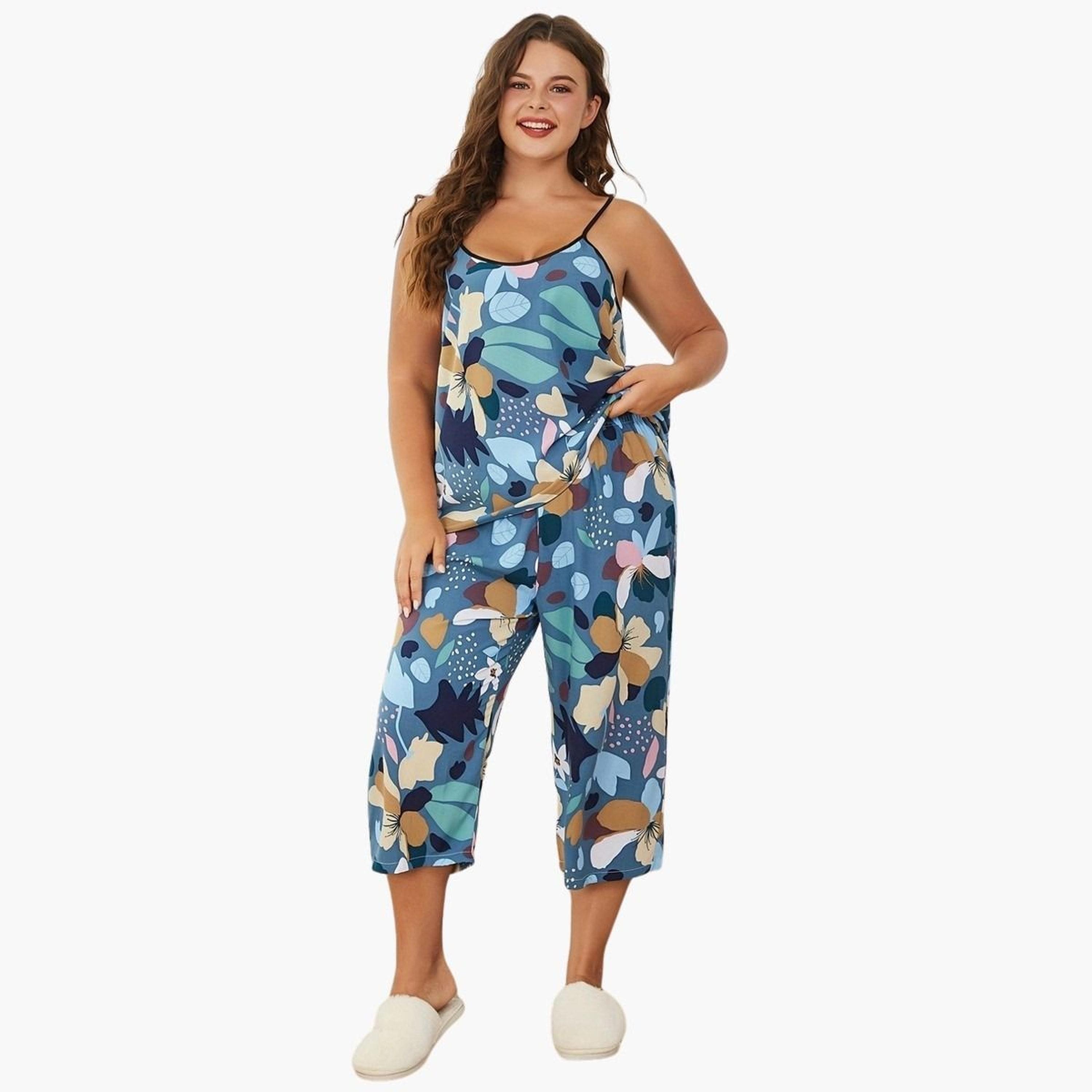تيك تو - طقم بلوزة نقشة جرافيكية مقاس كبير مع بنطال للنساء-women-clothing-nightwear-pyjamas-shortsets-image-5