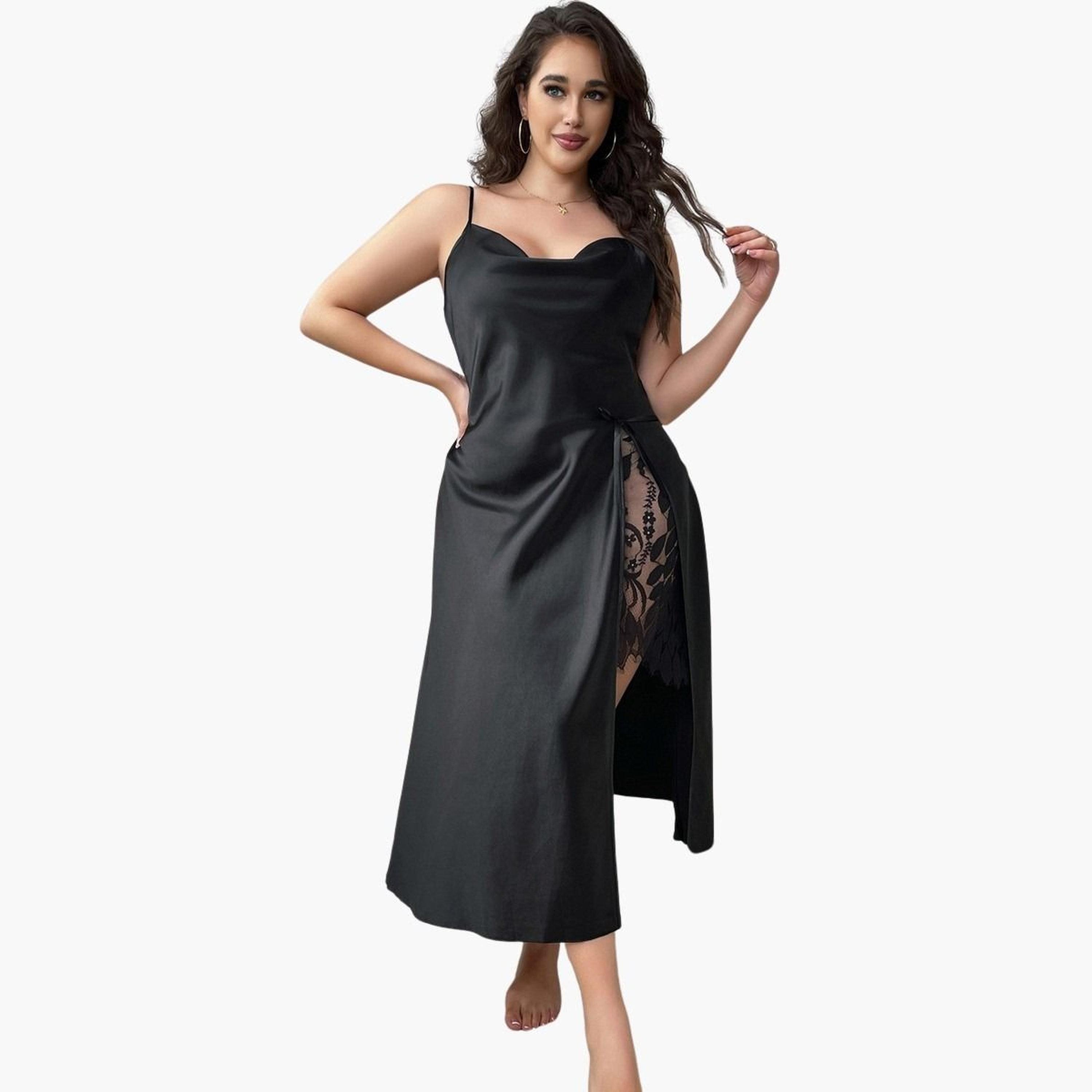 تيك تو - فستان نوم مقاس كبير بفتحة جانبية ورقبة متأرجحة مع رقعة من الدانتيل للنساء-women-clothing-nightwear-nighties-image-1