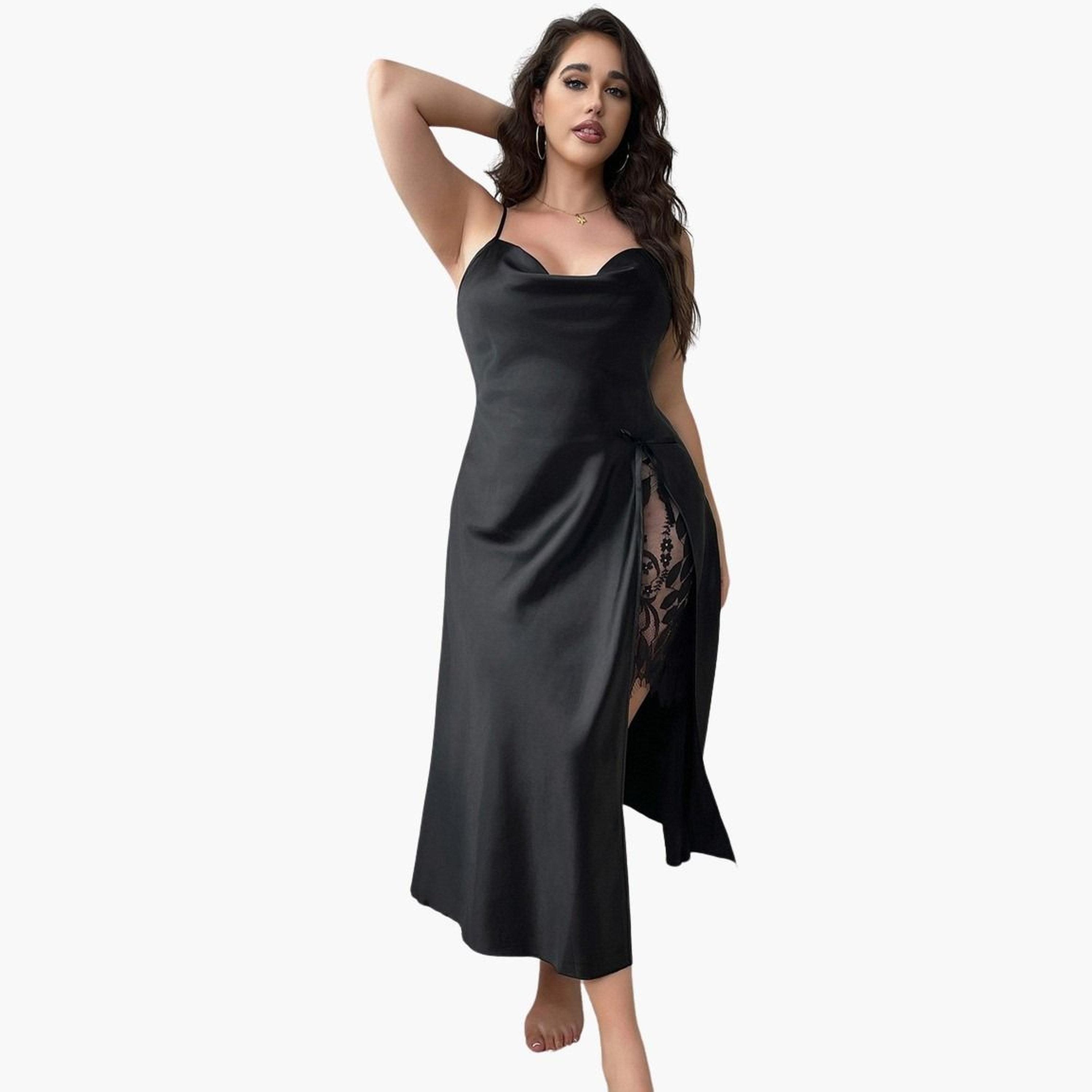 تيك تو - فستان نوم مقاس كبير بفتحة جانبية ورقبة متأرجحة مع رقعة من الدانتيل للنساء-women-clothing-nightwear-nighties-image-3