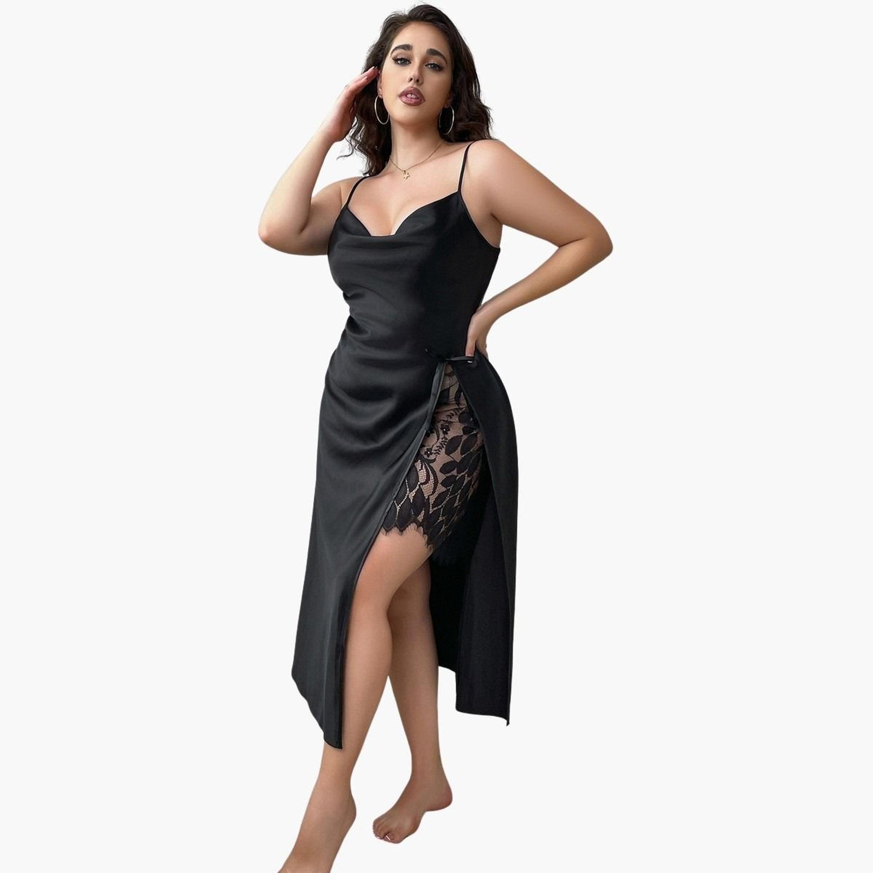 تيك تو - فستان نوم مقاس كبير بفتحة جانبية ورقبة متأرجحة مع رقعة من الدانتيل للنساء-women-clothing-nightwear-nighties-image-4