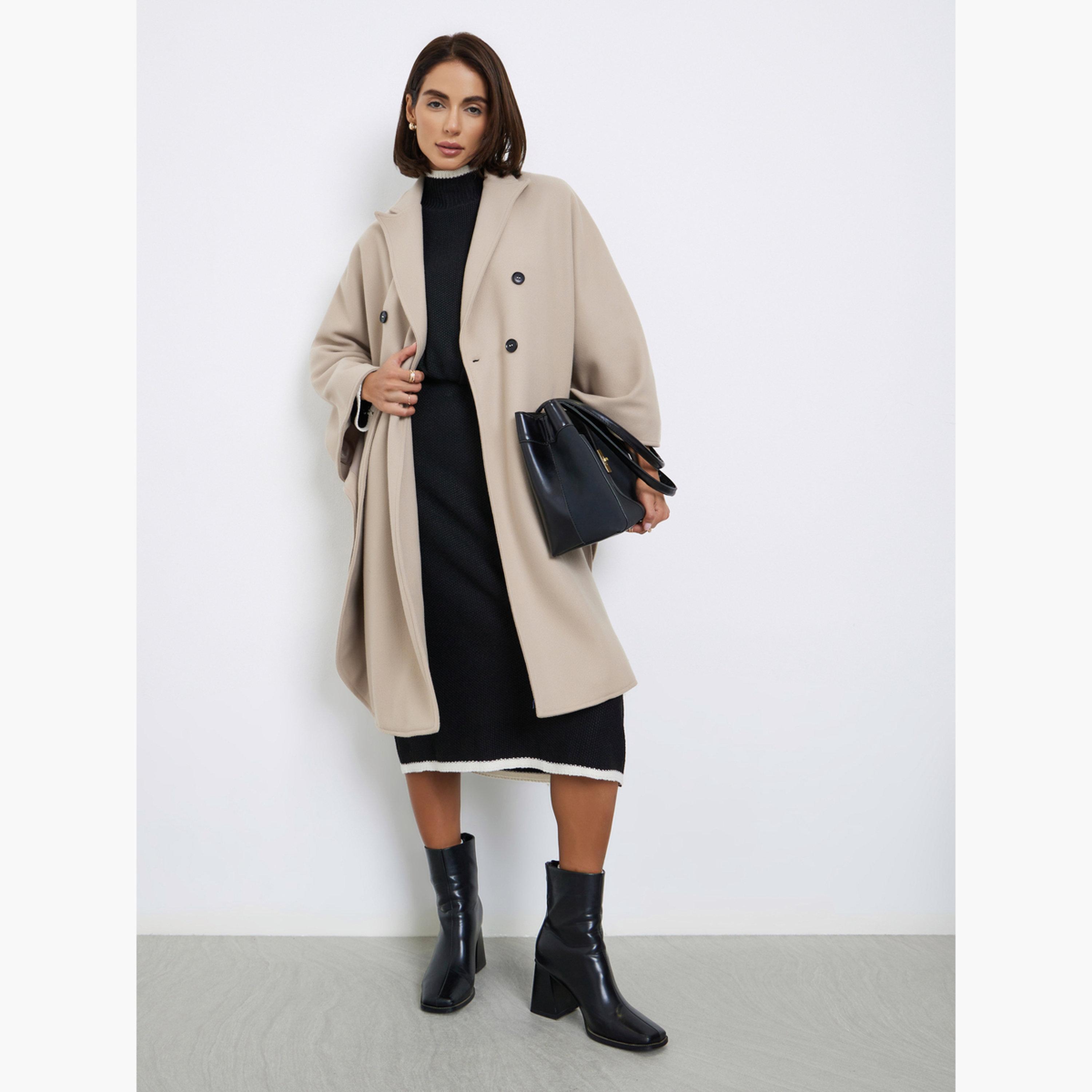 Styli Beige Solid Cape Fit Long Sleeves Women's Buttoned Double Breasted Coat-women-clothing-coatsandjackets-coats-image-1