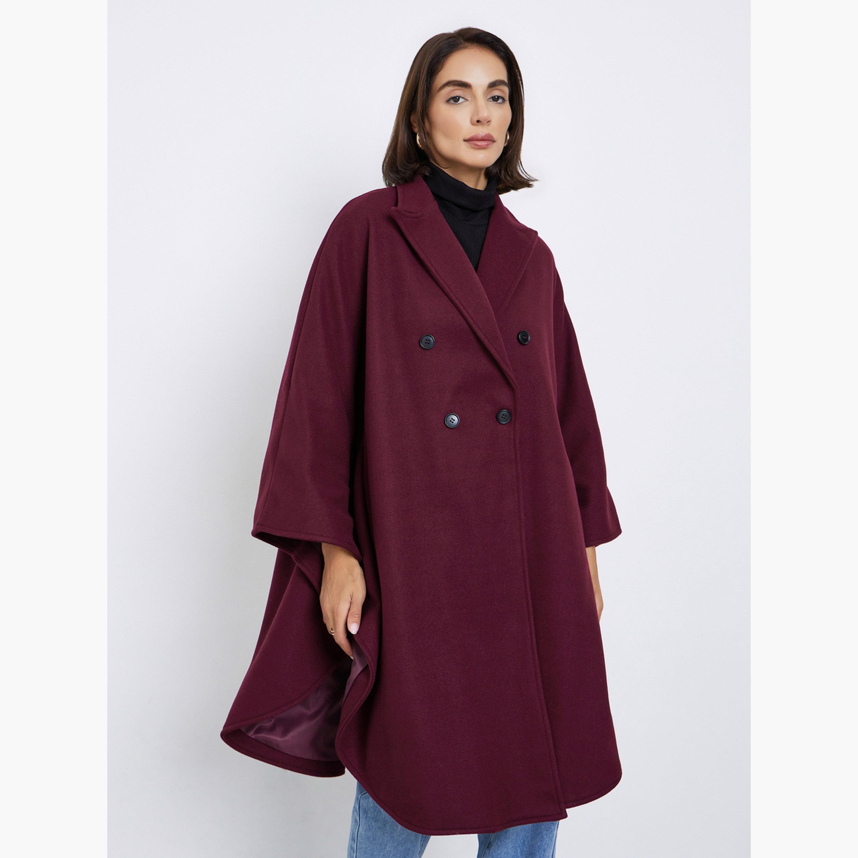 Styli Burgundy Solid Cape Fit Long Sleeves Women's Buttoned Double Breasted Coat-women-clothing-coatsandjackets-coats-image-1