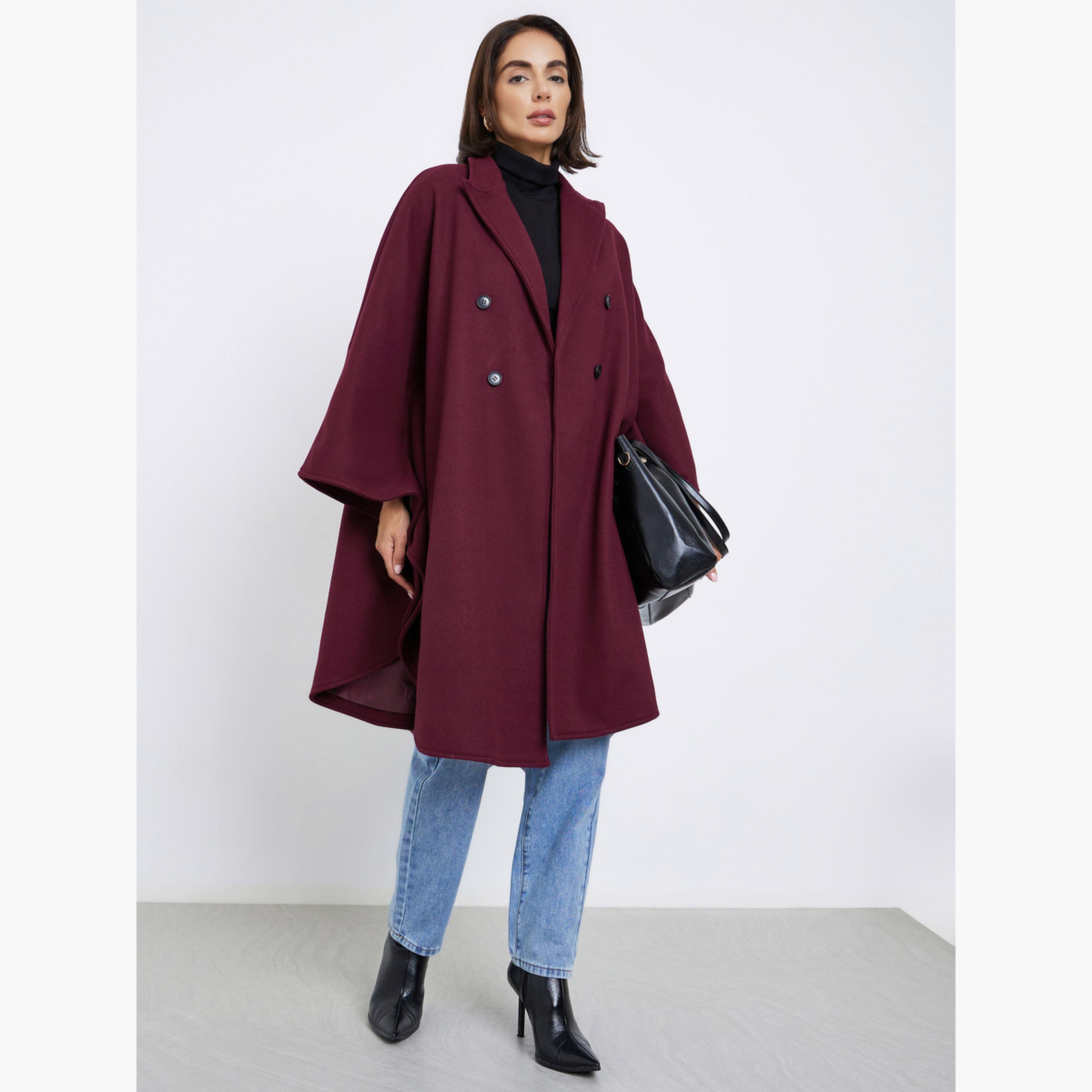 Styli Burgundy Solid Cape Fit Long Sleeves Women's Buttoned Double Breasted Coat-women-clothing-coatsandjackets-coats-image-2