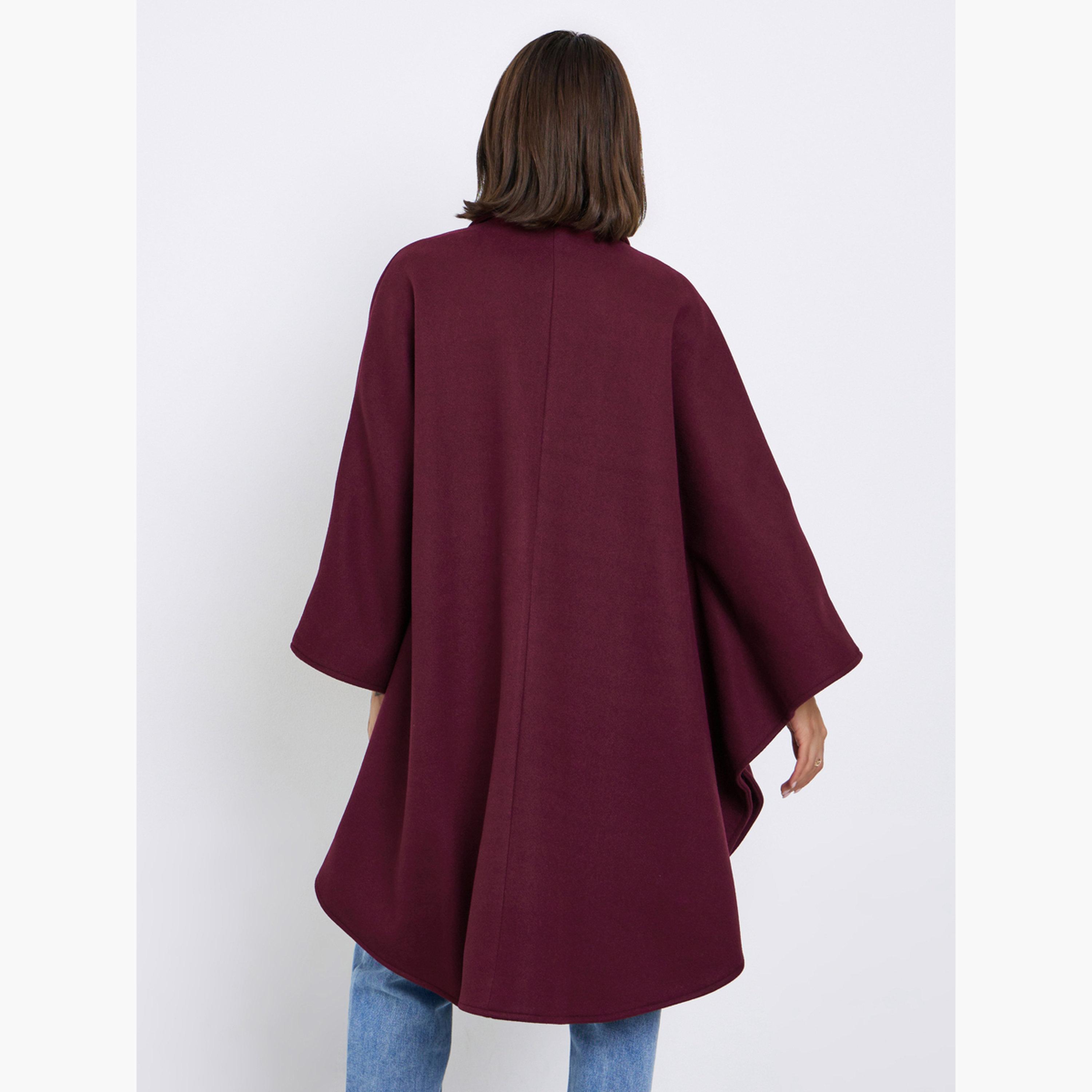 Styli Burgundy Solid Cape Fit Long Sleeves Women's Buttoned Double Breasted Coat-women-clothing-coatsandjackets-coats-image-3
