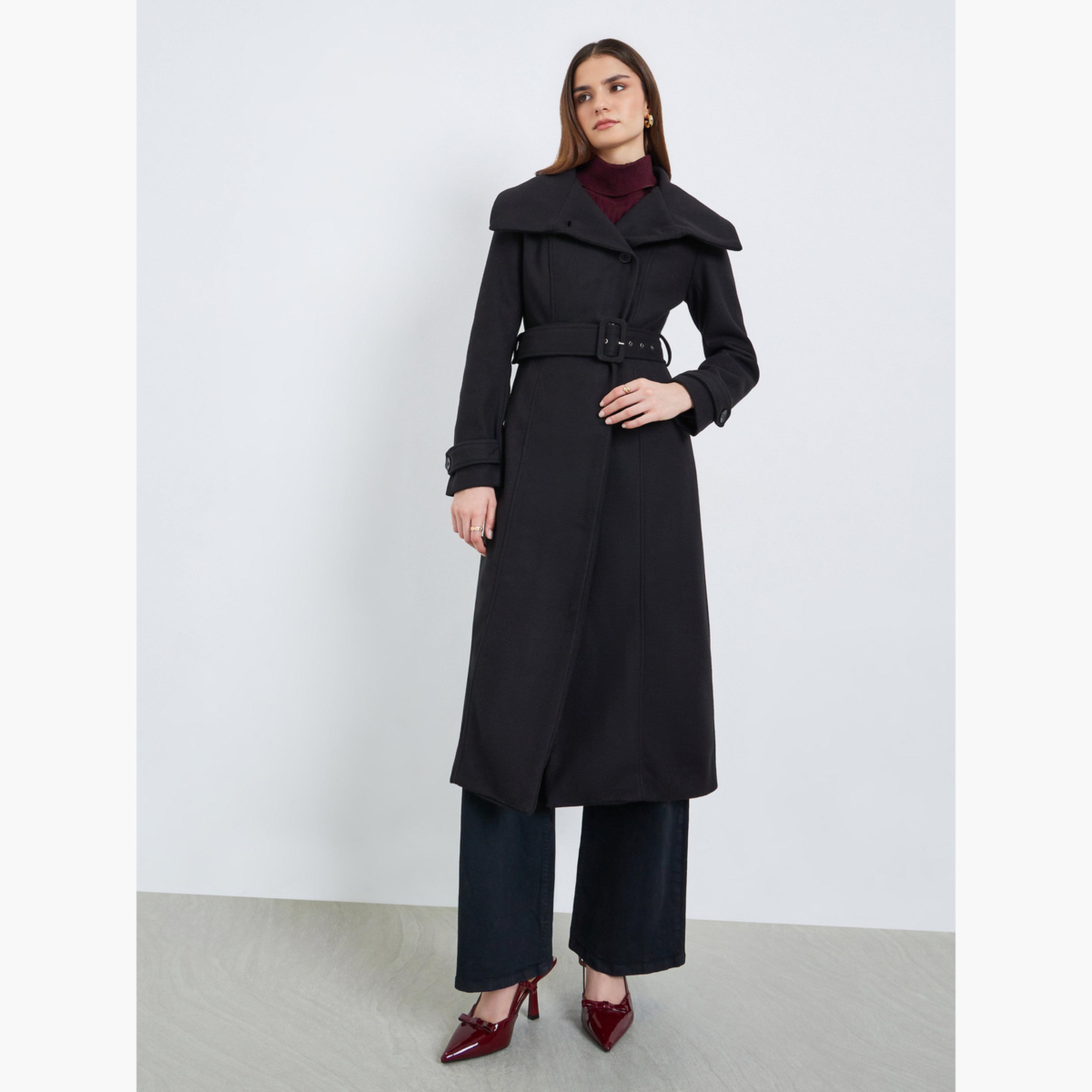 Styli Black Plain Collared Long Sleeves Women's Buttoned Midi Length Belted Wool Coat-women-winterwear-coatsandjackets-coats-image-3