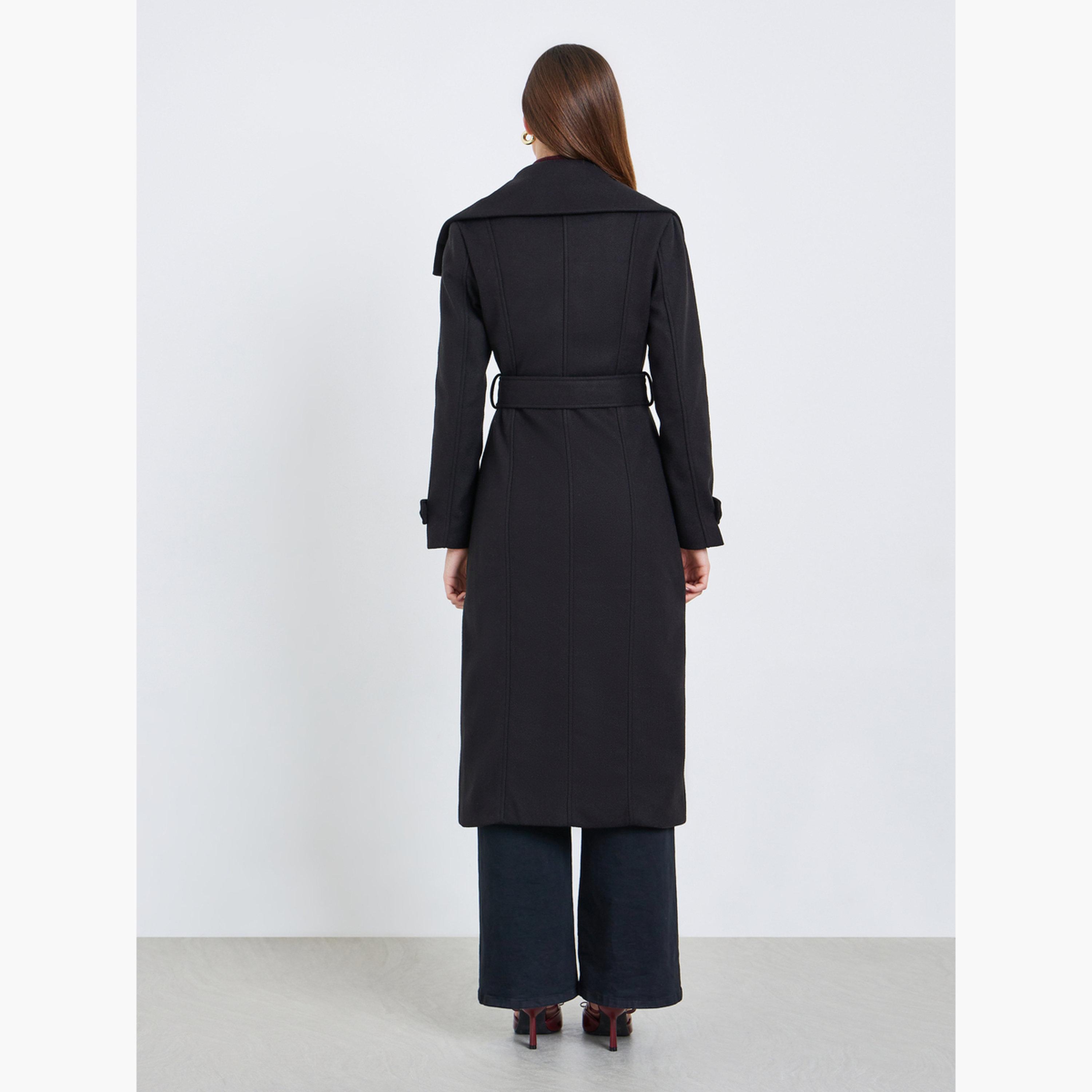 Styli Black Plain Collared Long Sleeves Women's Buttoned Midi Length Belted Wool Coat-women-winterwear-coatsandjackets-coats-image-4