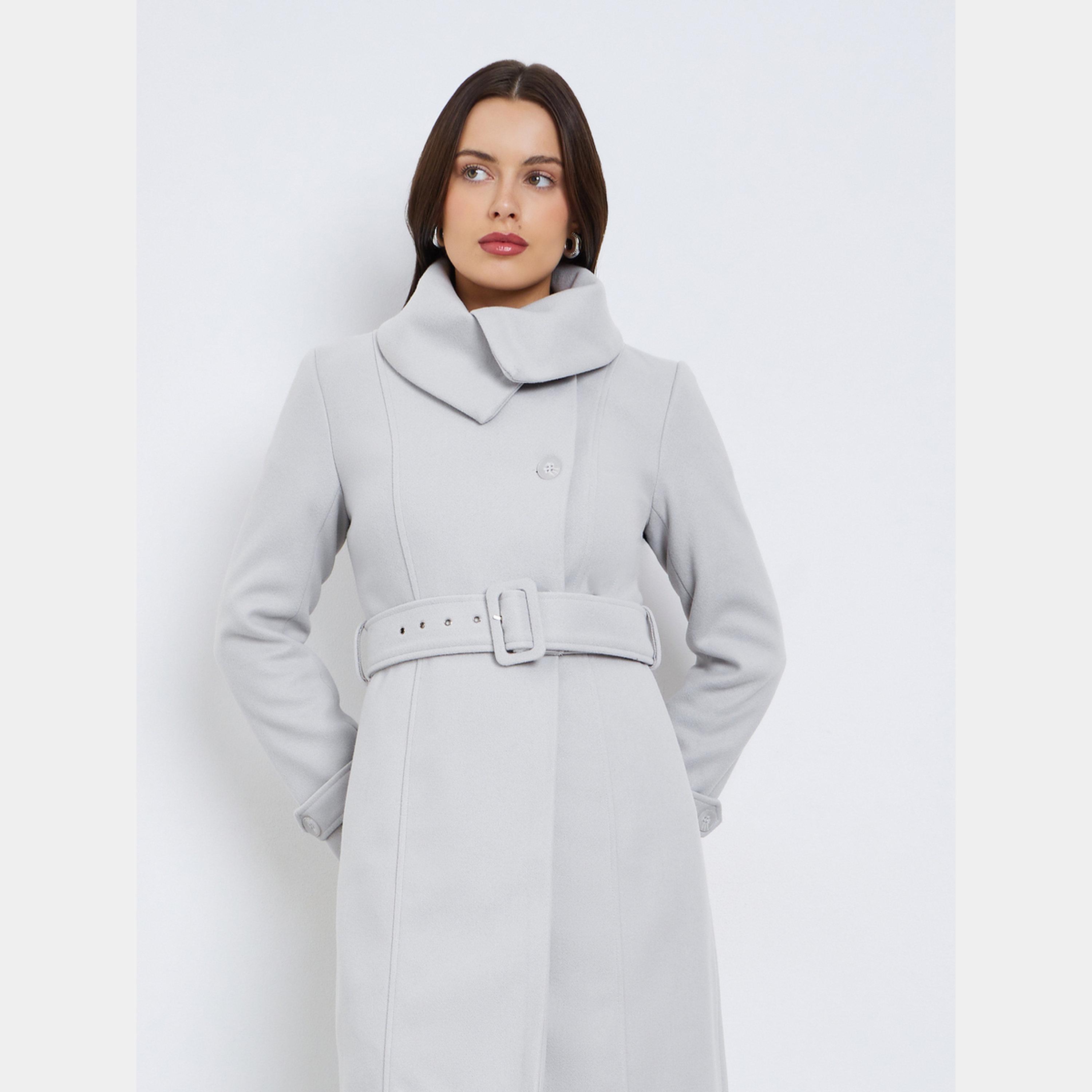 ستايلي - معطف نسائي رمادي سادة بياقة عالية وأكمام طويلة صوف بحزام متوسط ​​الطول-women-clothing-coatsandjackets-coats-image-3