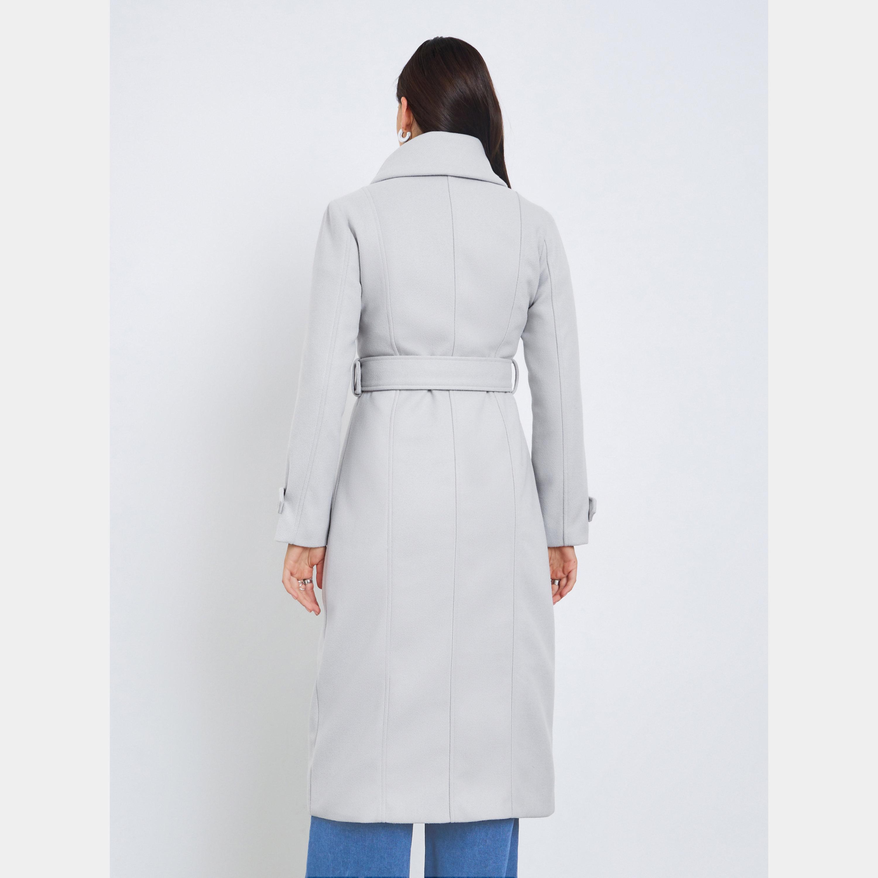ستايلي - معطف نسائي رمادي سادة بياقة عالية وأكمام طويلة صوف بحزام متوسط ​​الطول-women-clothing-coatsandjackets-coats-image-5