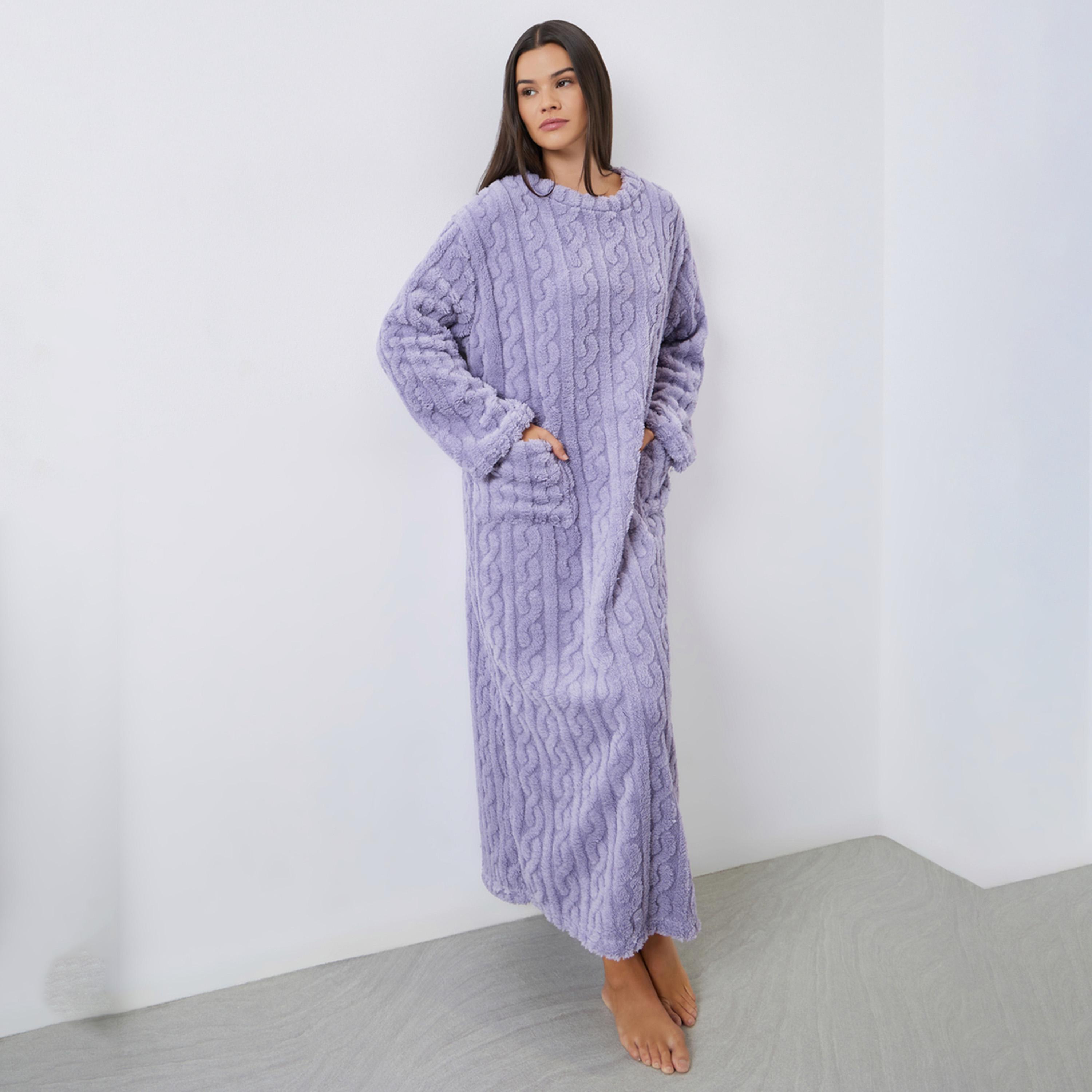 Styli Cable Knit Pocket Detail Fleece Nightdress-women-clothing-nightwear-nighties-image-1