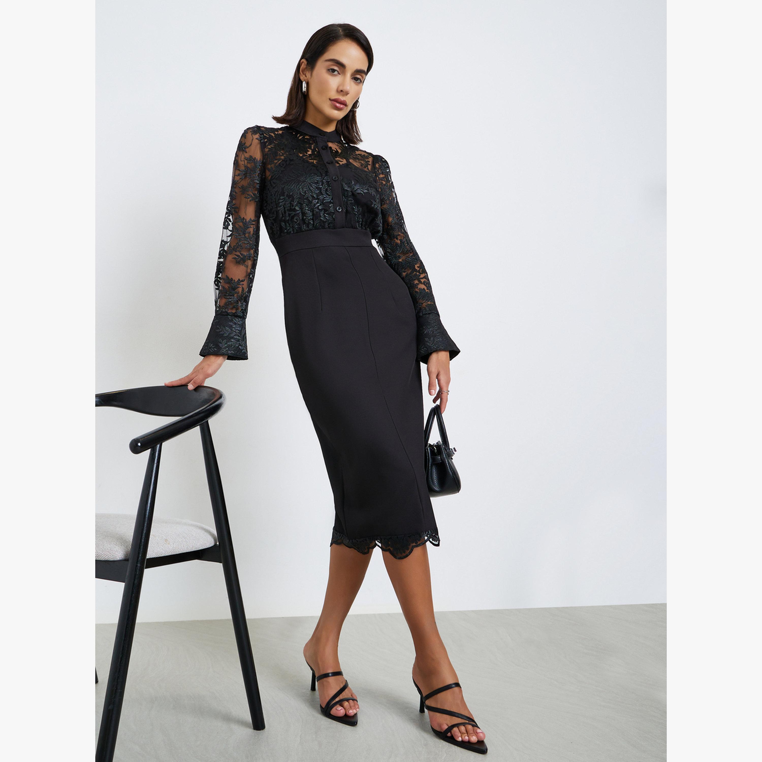 Styli Women Black Lace Long Sleeves Sheath Midi Dress-women-clothing-dresses-image-1