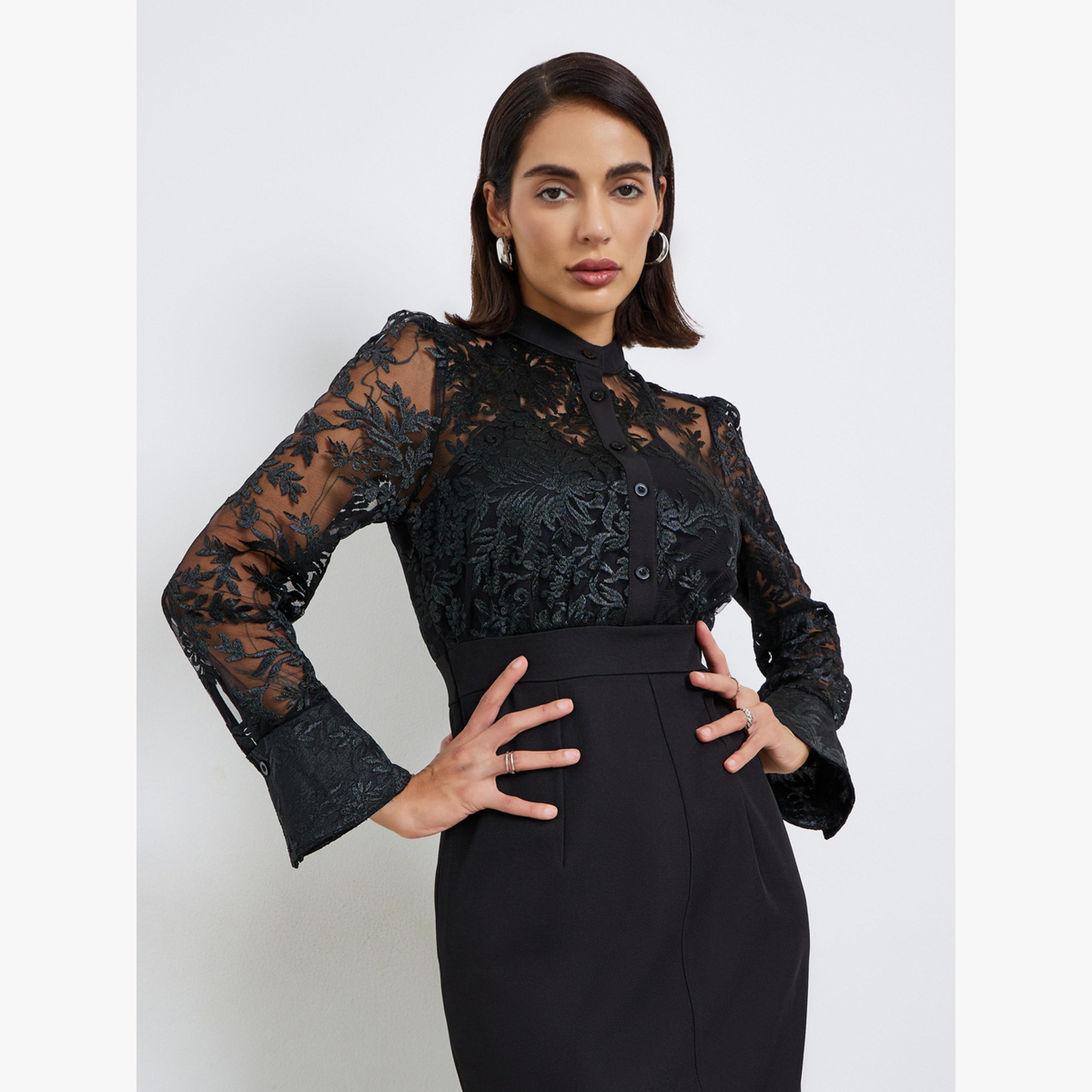 Styli Women Black Lace Long Sleeves Sheath Midi Dress-women-clothing-dresses-image-3