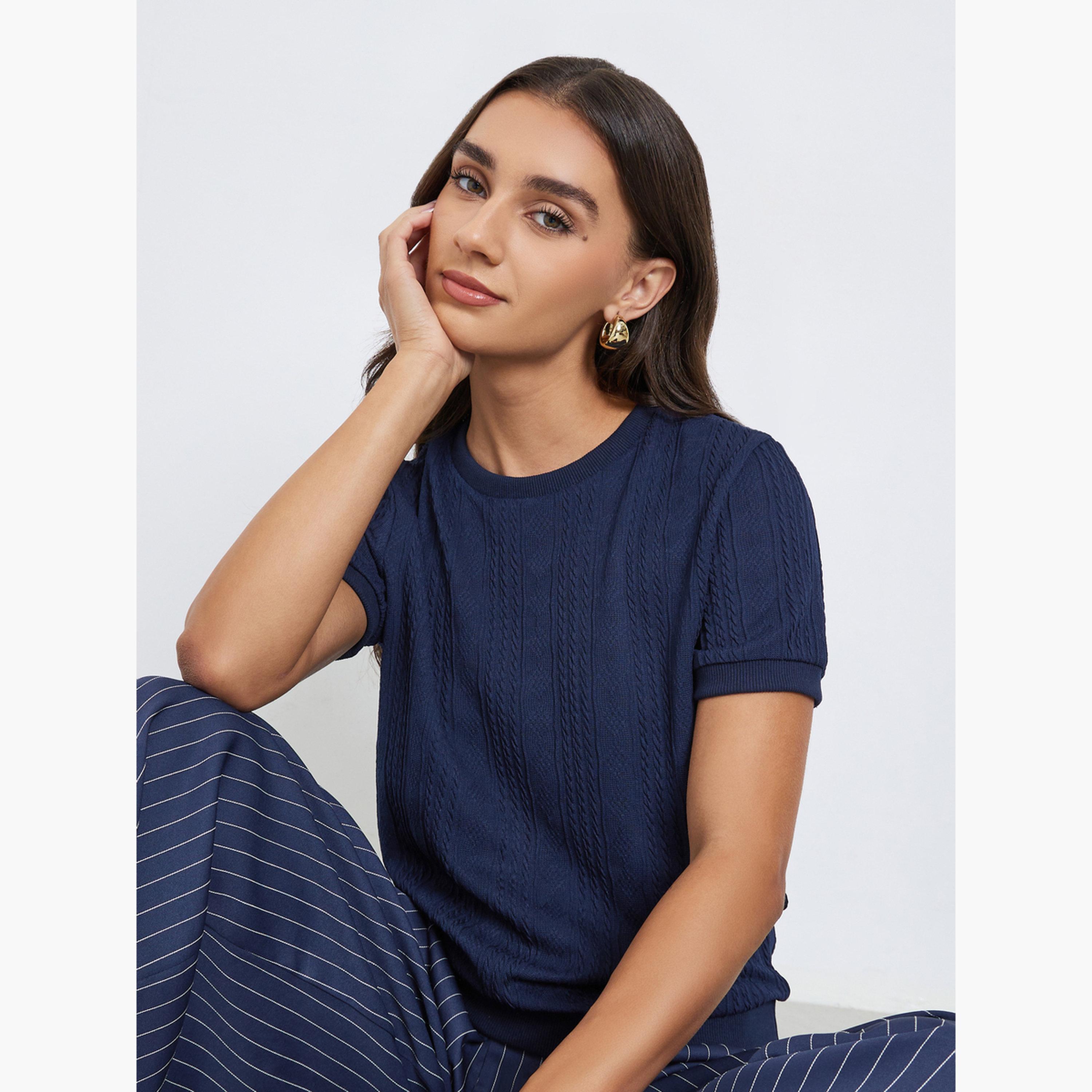 Styli Navy Blue Knitted Textured T-Shirt-women-clothing-tshirts-image-1