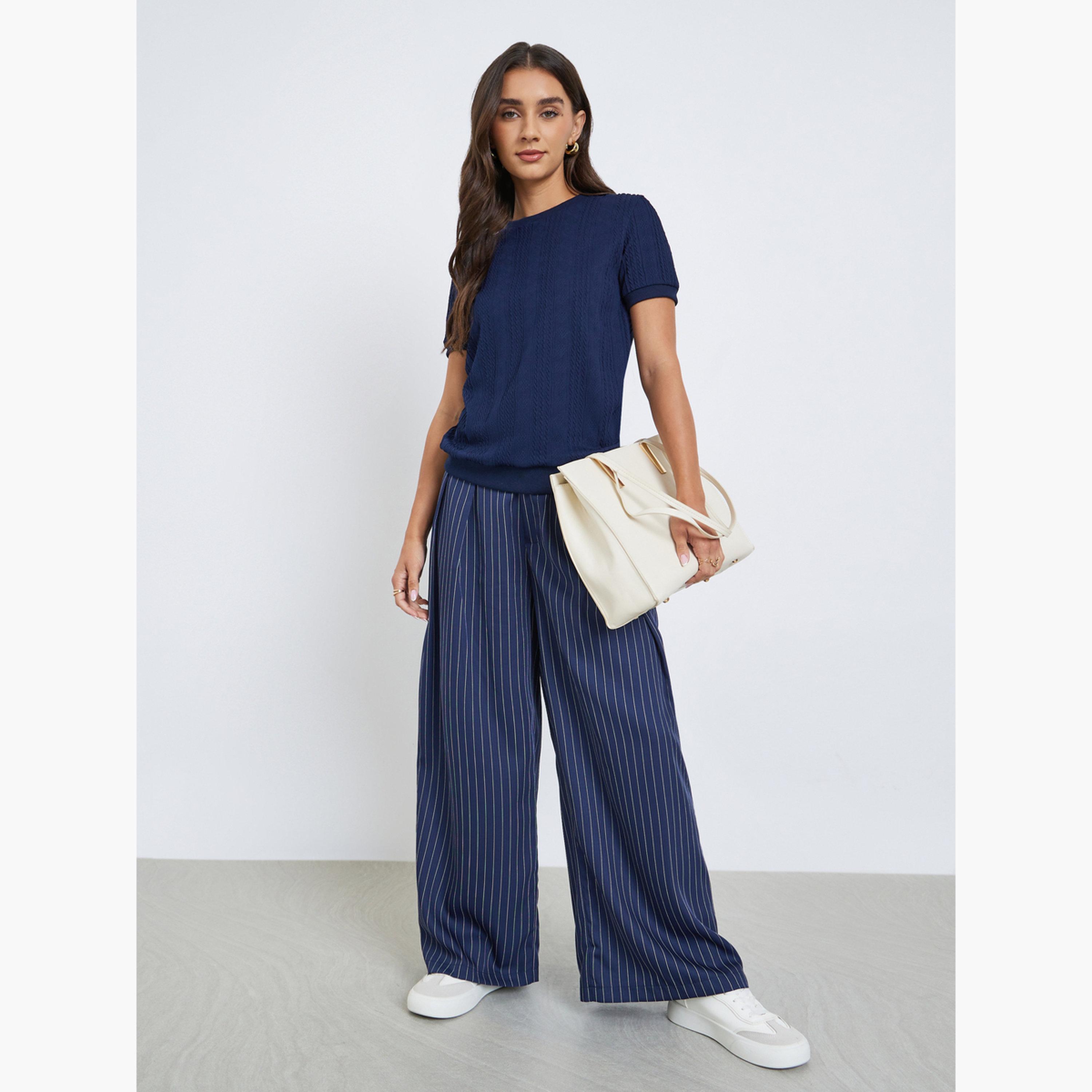 Styli Navy Blue Knitted Textured T-Shirt-women-clothing-tshirts-image-2