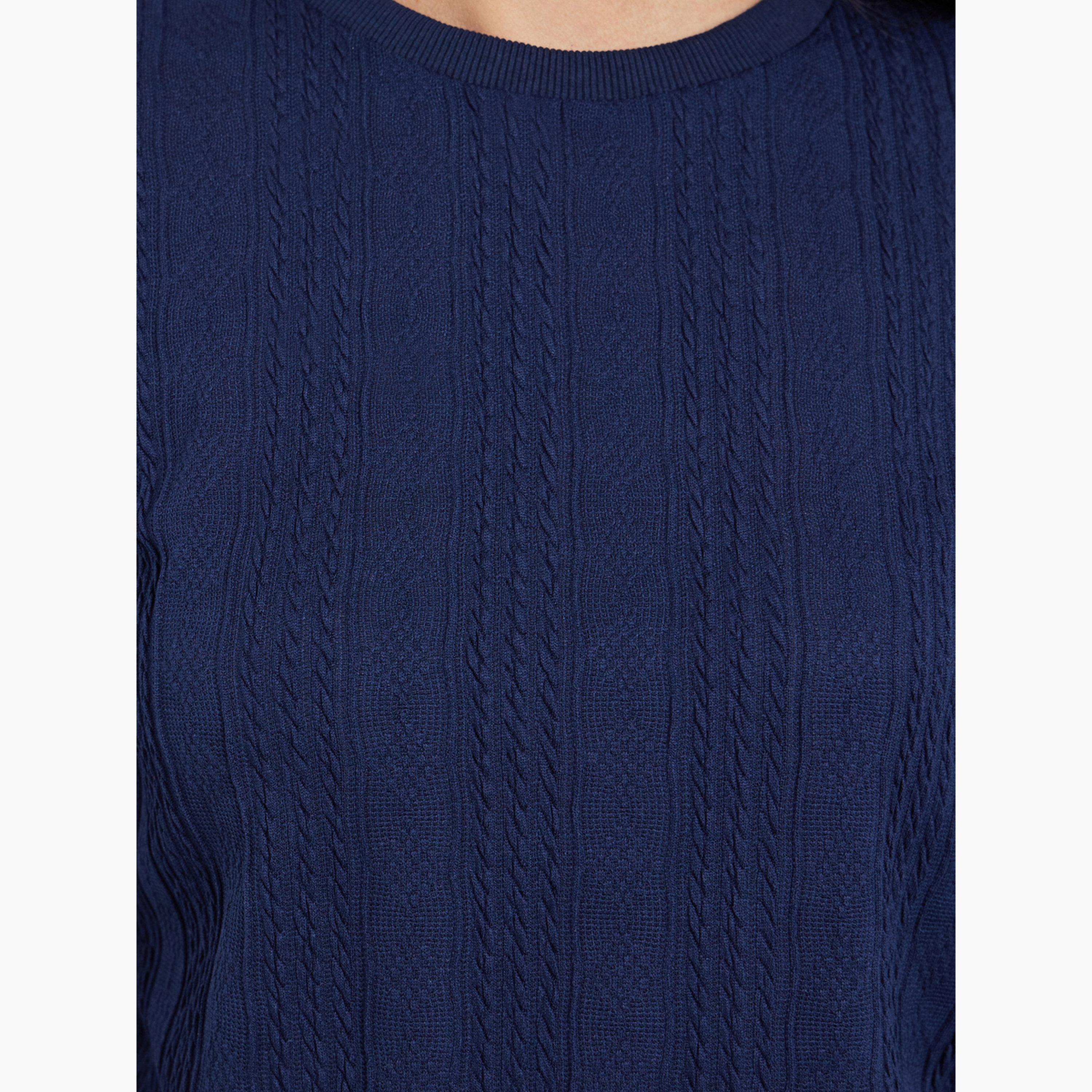 Styli Navy Blue Knitted Textured T-Shirt-women-clothing-tshirts-image-3
