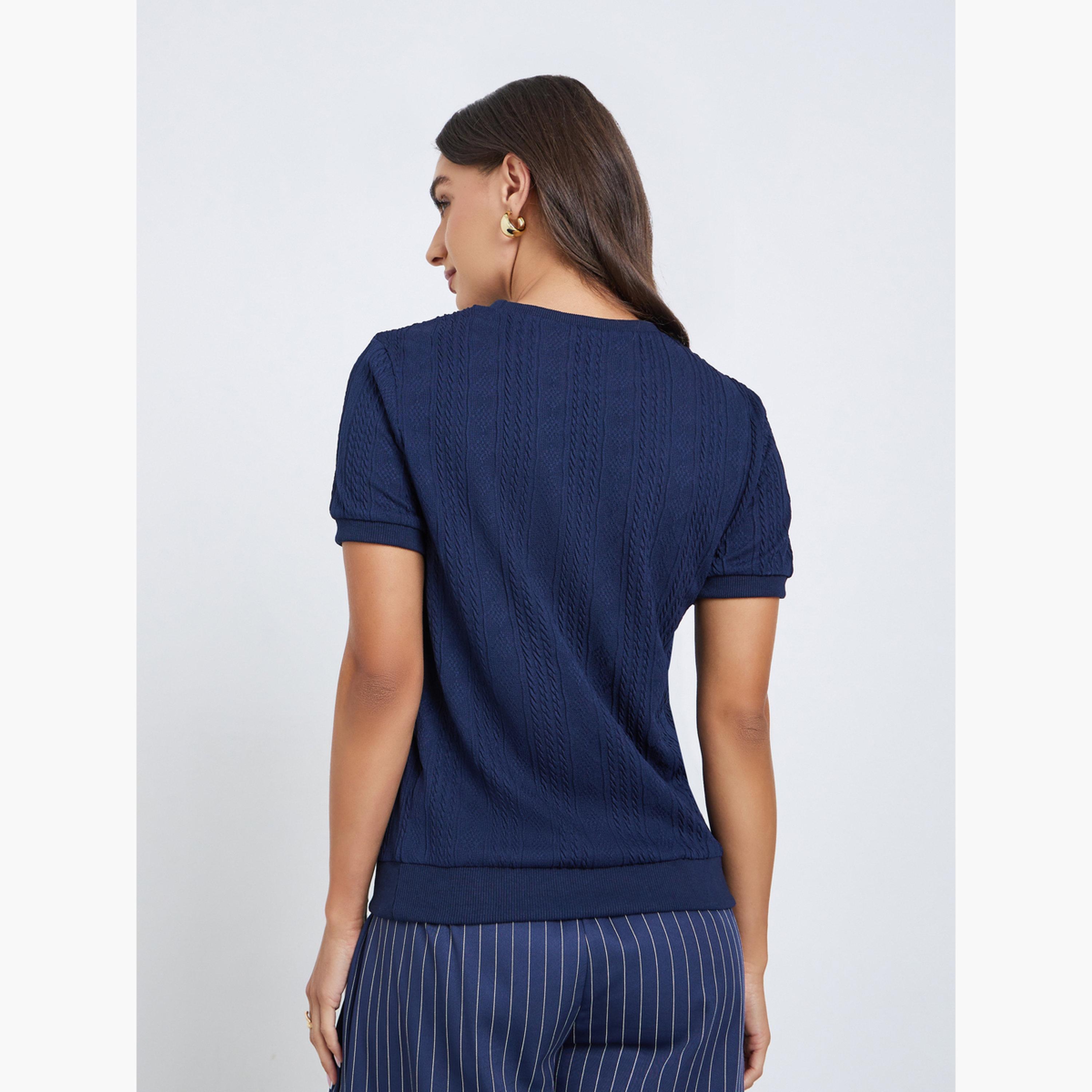 ستايلي - تي شيرت أزرق داكن محبوك ومحكم-women-clothing-tshirts-image-4