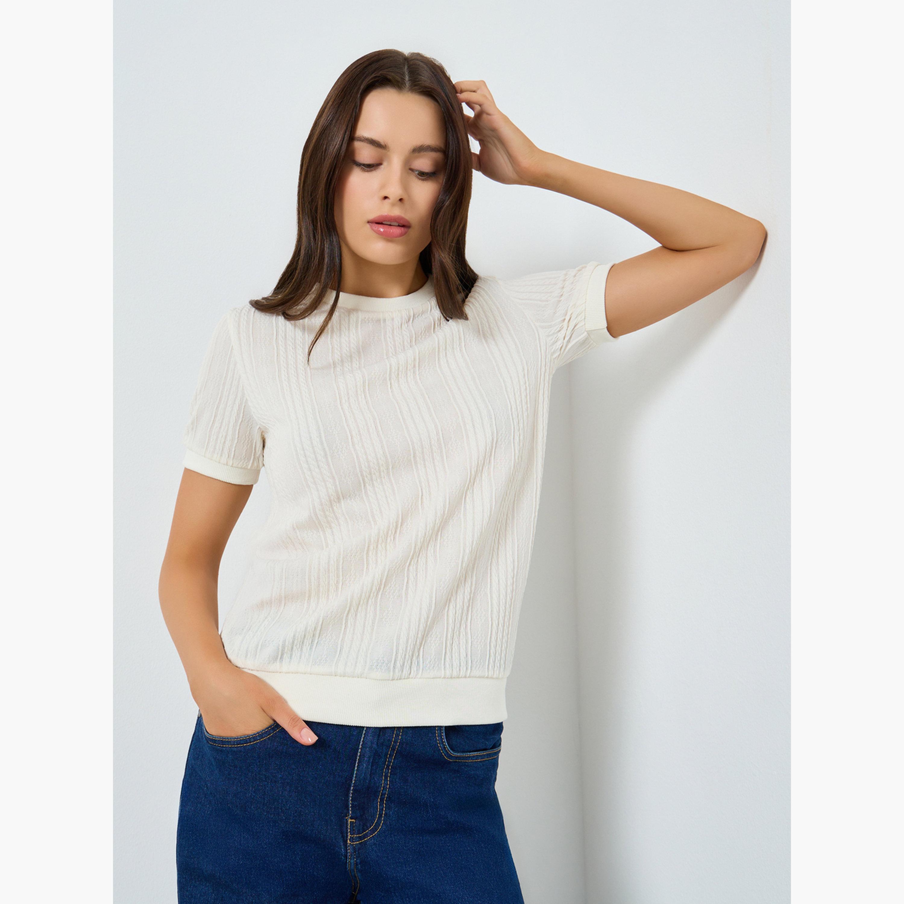 Styli White Textured Knit Short Sleeve T-Shirt-women-clothing-tshirts-image-1