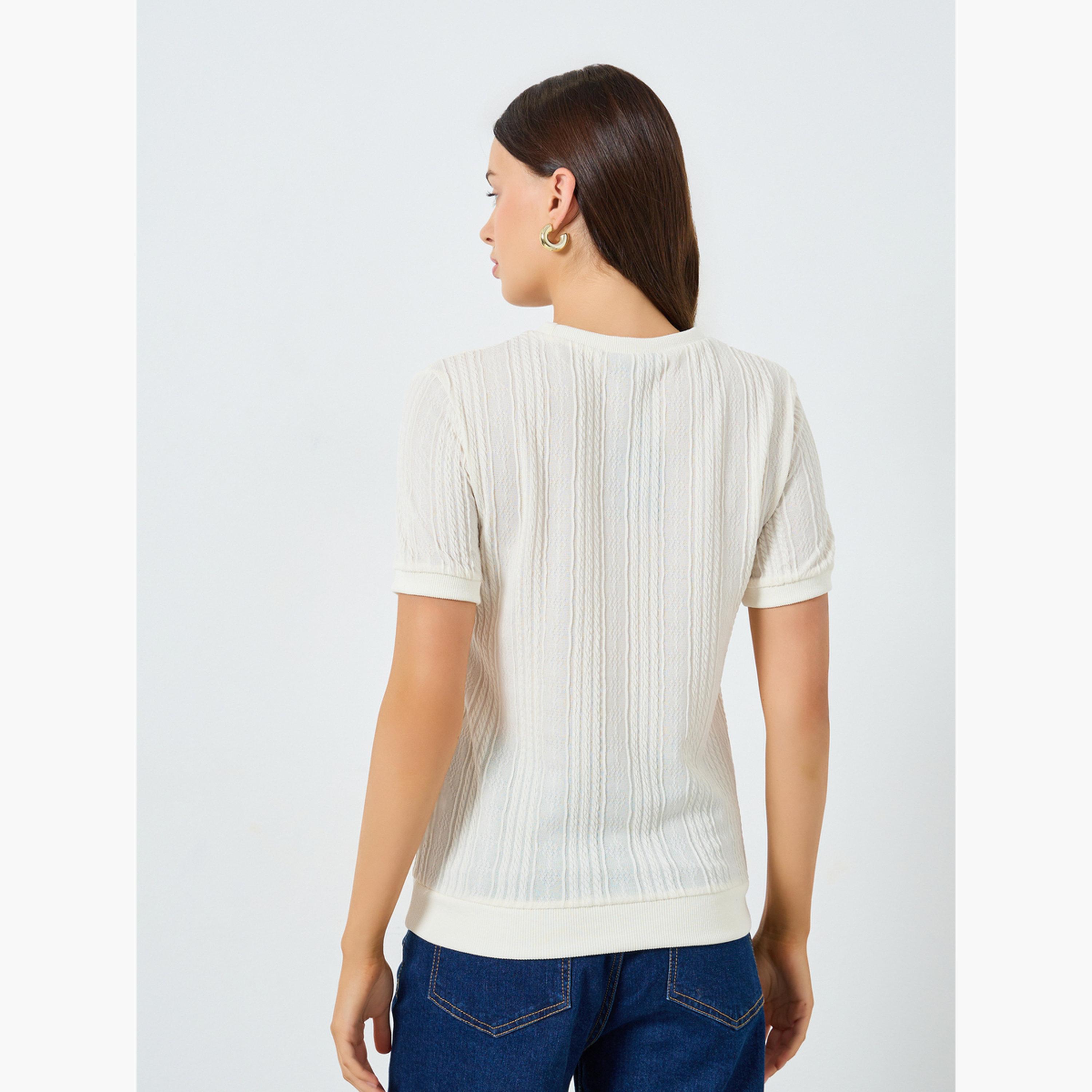 Styli White Textured Knit Short Sleeve T-Shirt-women-clothing-tshirts-image-4