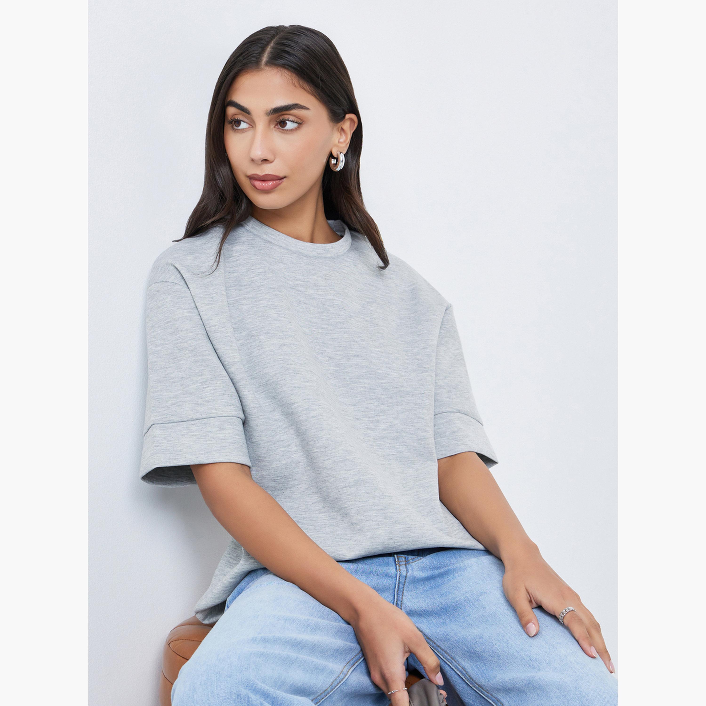 Styli Women Grey Oversized Round Neck T-Shirt-women-clothing-tshirts-image-3