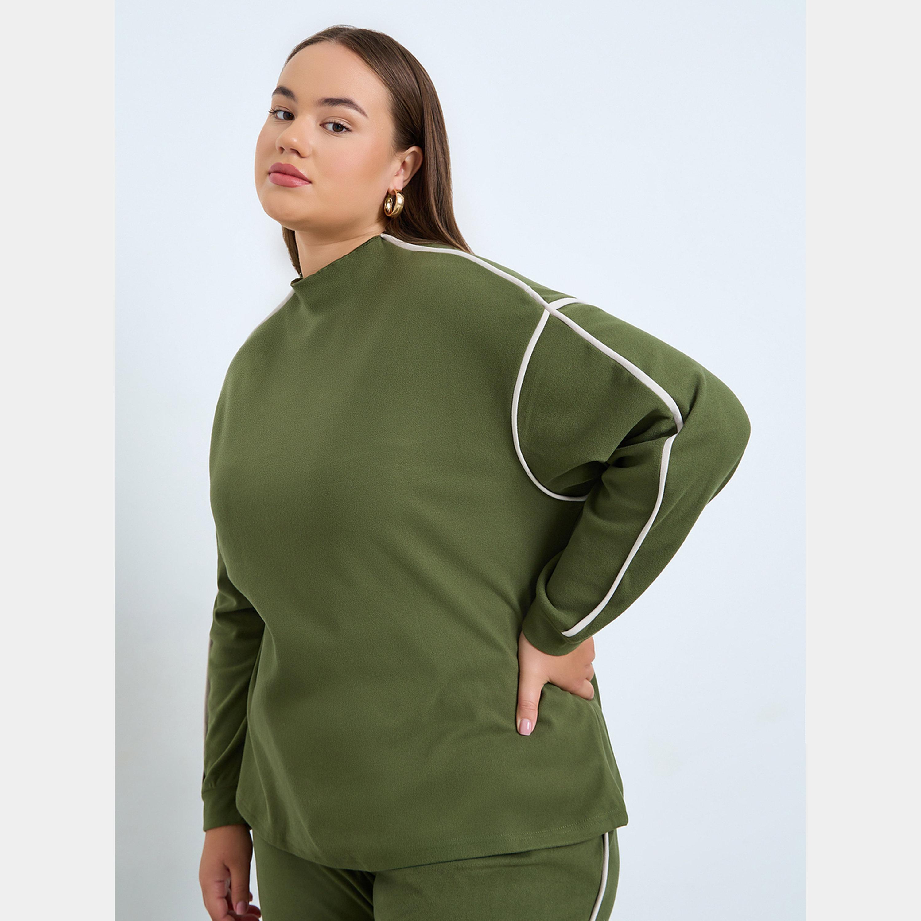 Styli Plus Size Green Funnel Neck Sweatshirt-women-winterwear-hoodiesandsweatshirts-sweatshirts-image-1
