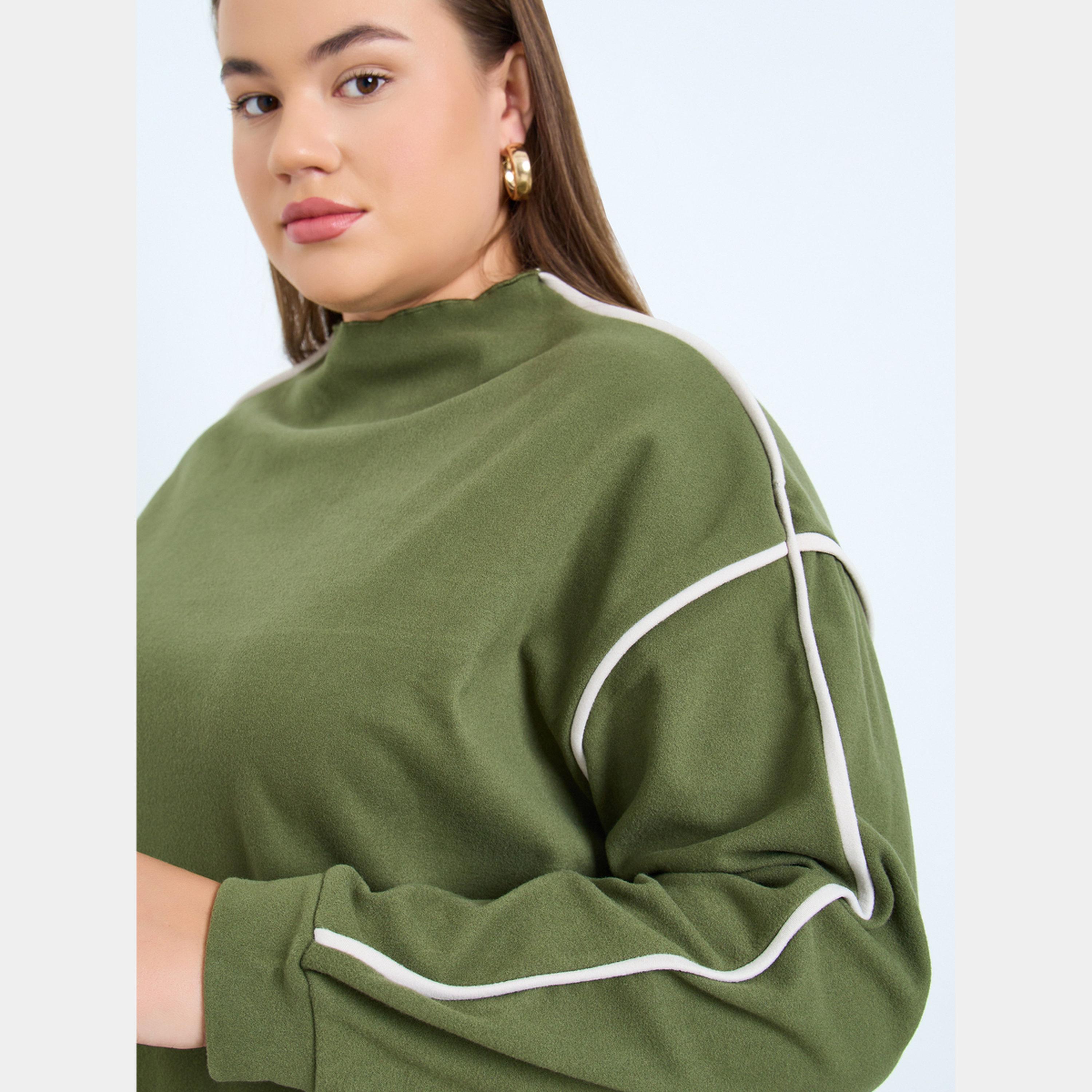 Styli Plus Size Green Funnel Neck Sweatshirt-women-winterwear-hoodiesandsweatshirts-sweatshirts-image-3