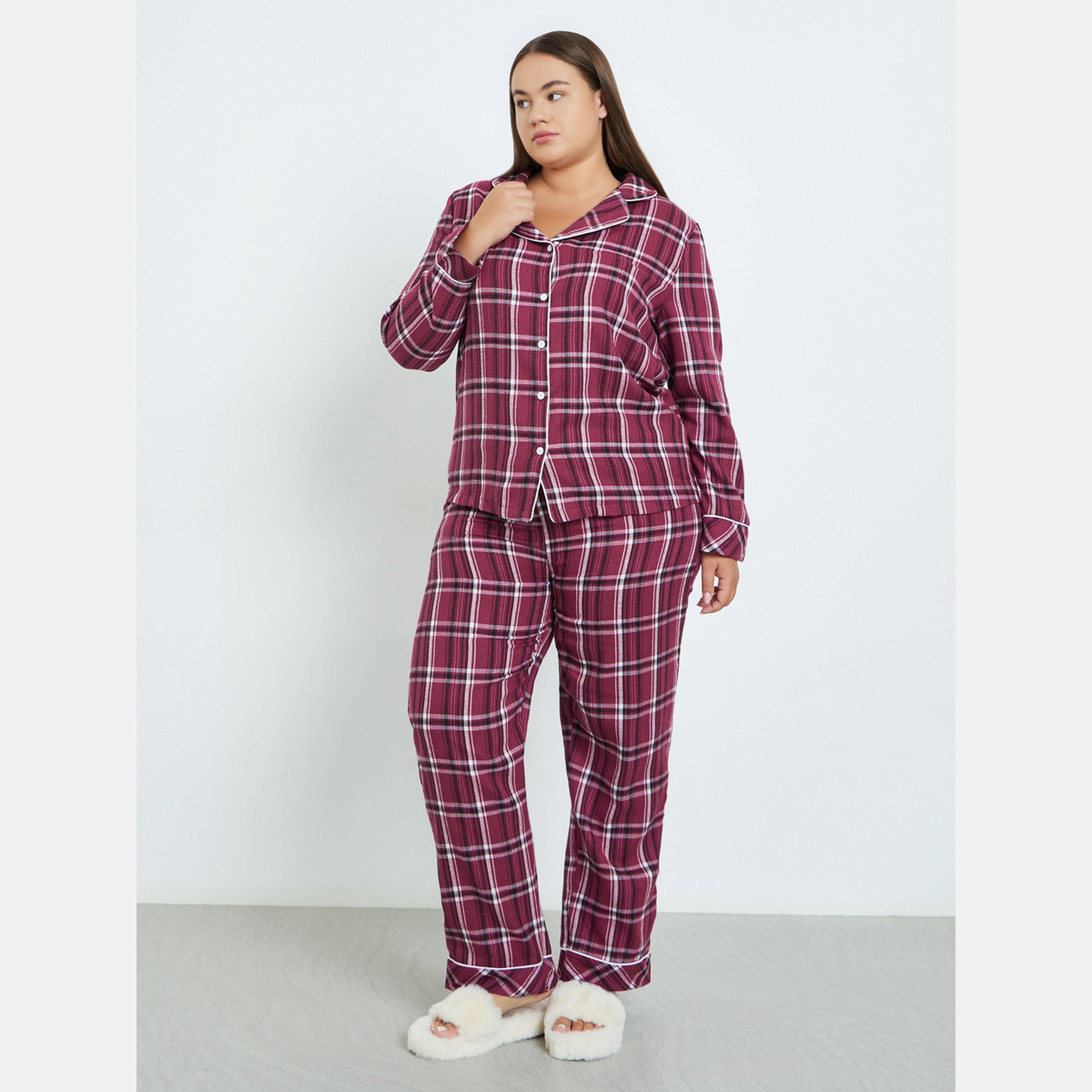 Styli Plus Size Checked Shirt and Pyjama Set-women-clothing-nightwear-pyjamas-longsets-image-1