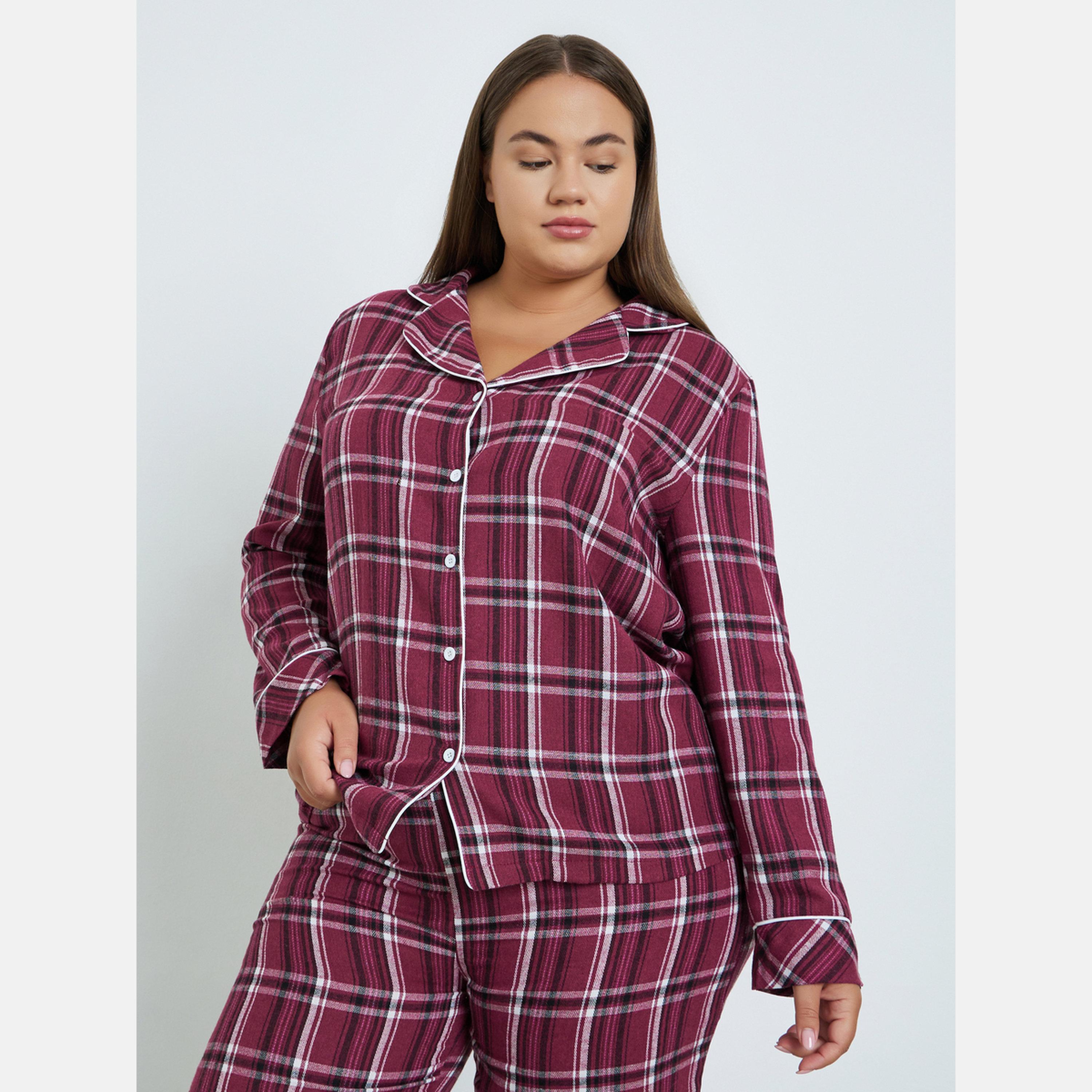 Styli Plus Size Checked Shirt and Pyjama Set-women-clothing-nightwear-pyjamas-longsets-image-2