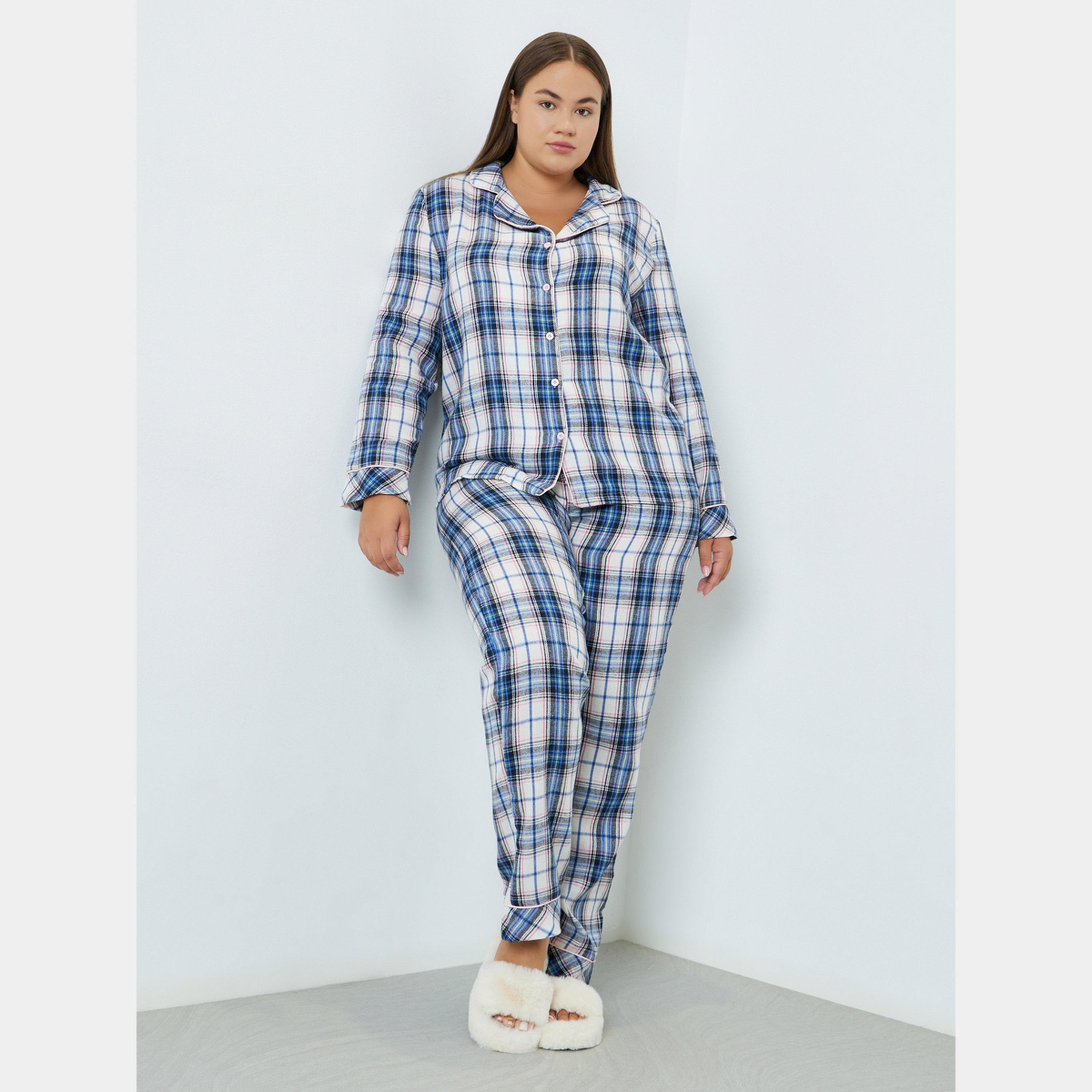 Styli Plus Size Checked Shirt and Pyjama Set-women-clothing-nightwear-pyjamas-longsets-image-1