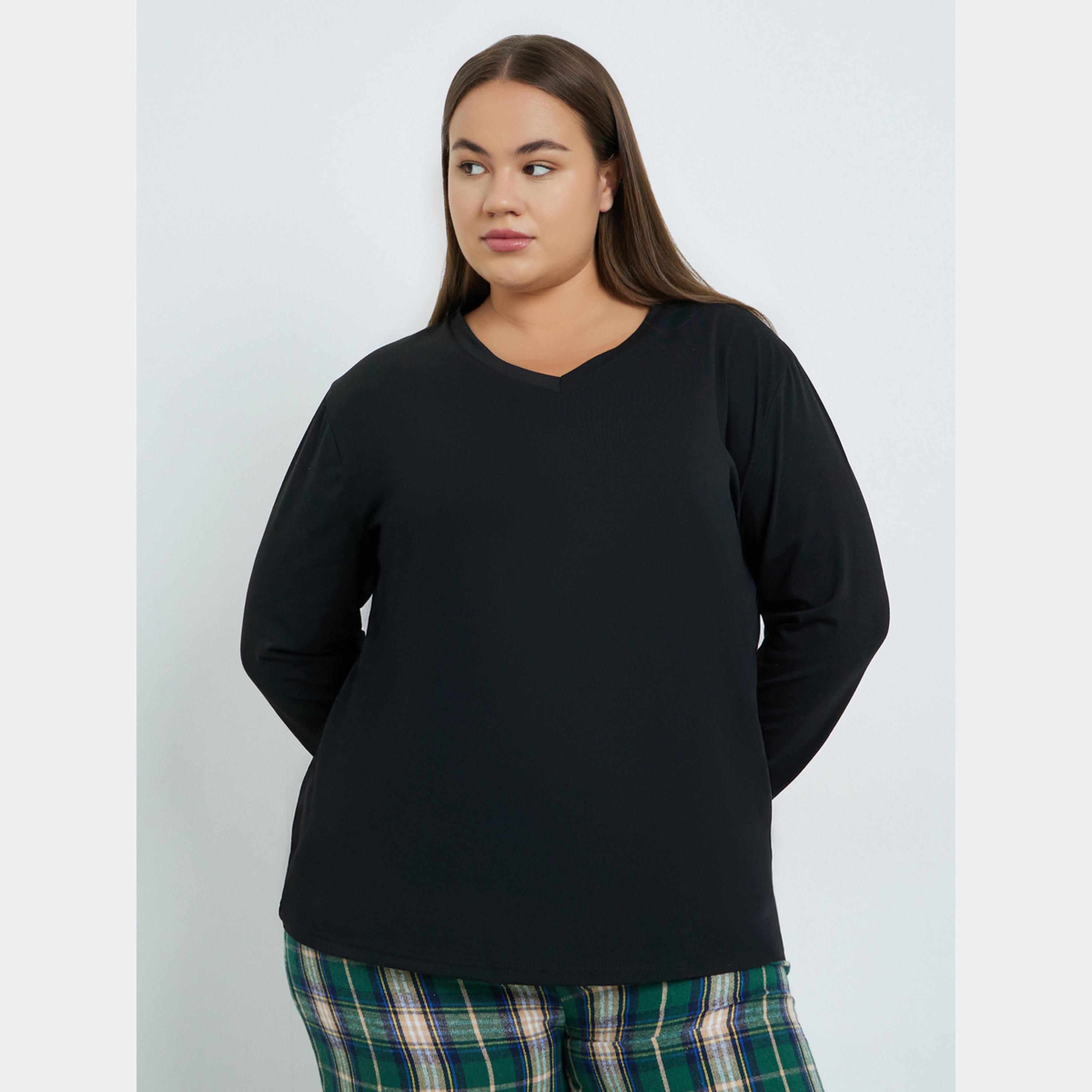 ستايلي - بيجاما بنقشة مربعات وتيشيرت سادة رقبة حرف V بمقاس واسع-women-clothing-nightwear-pyjamas-longsets-image-2