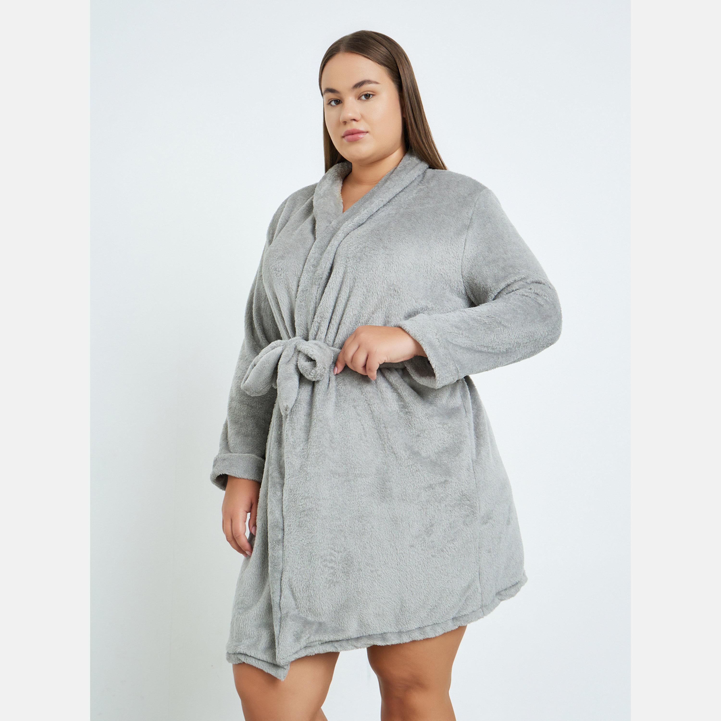 Styli Plus Size Shawl Collar Fleece Robe-women-clothing-nightwear-robes-image-1