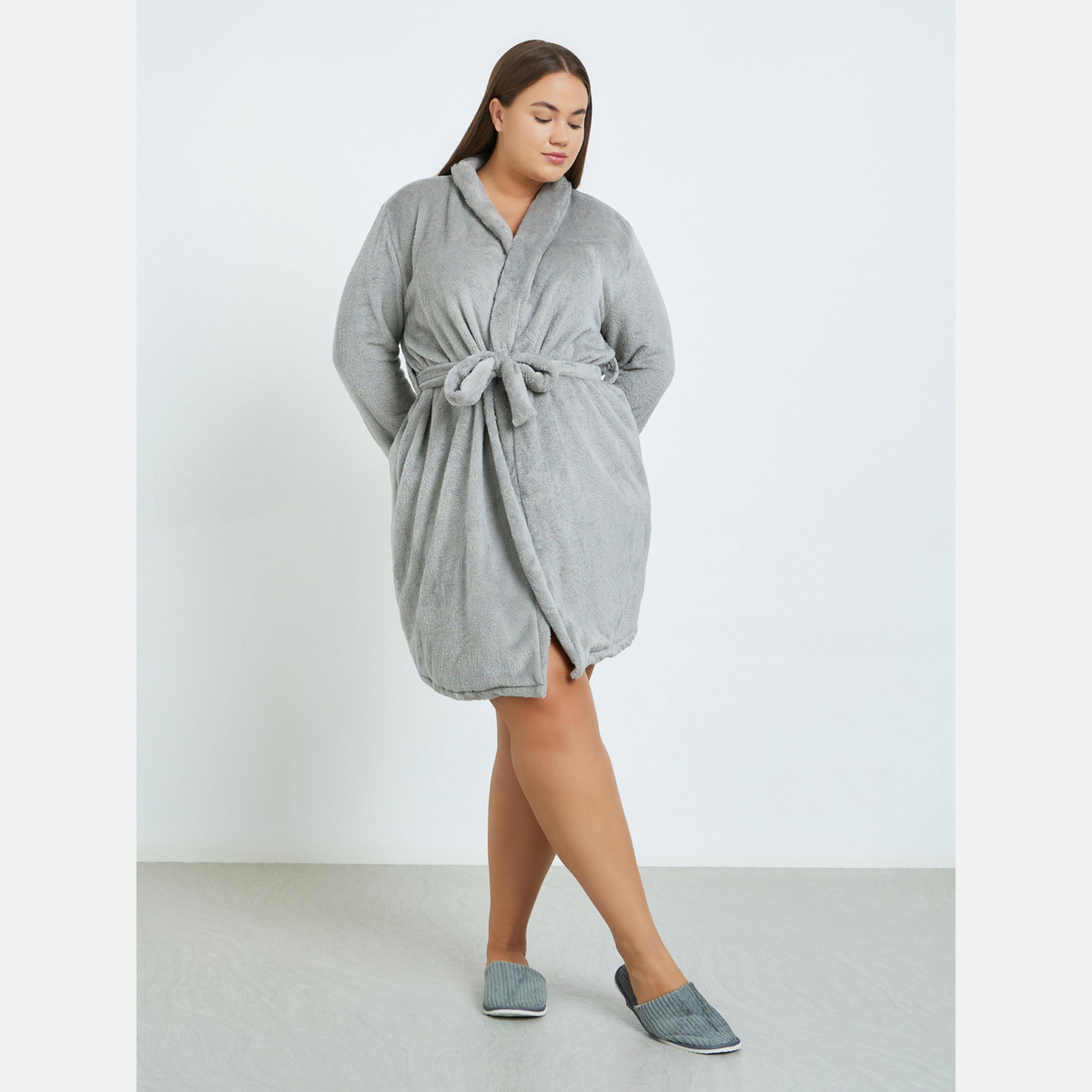 Styli Plus Size Shawl Collar Fleece Robe-women-clothing-nightwear-robes-image-2