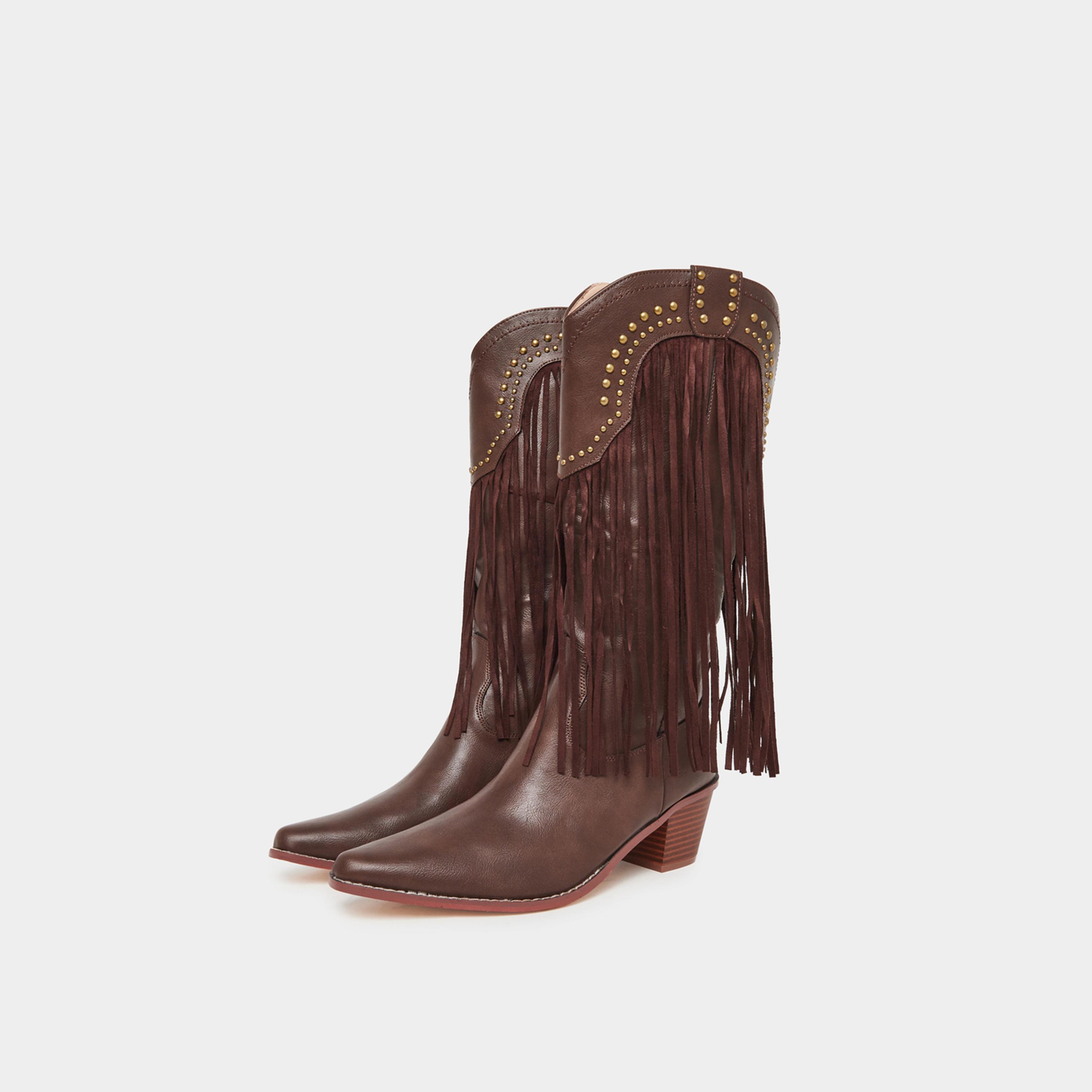 Styli Women Brown Fringe Cowboy Boots-women-shoes-boots-image-1