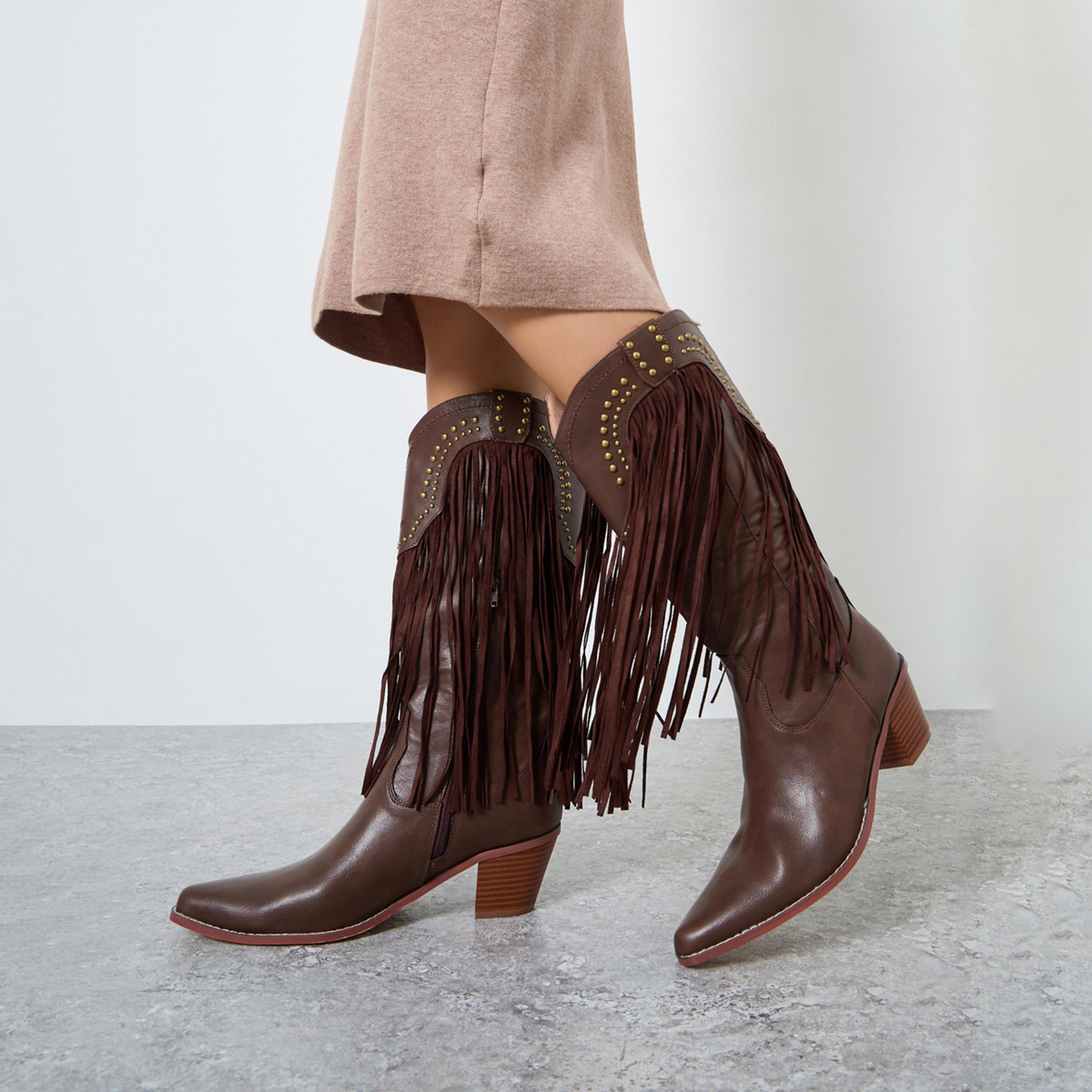 ستايلي - حذاء كاوبوي بشراشيب بني للنساء-women-shoes-boots-image-2