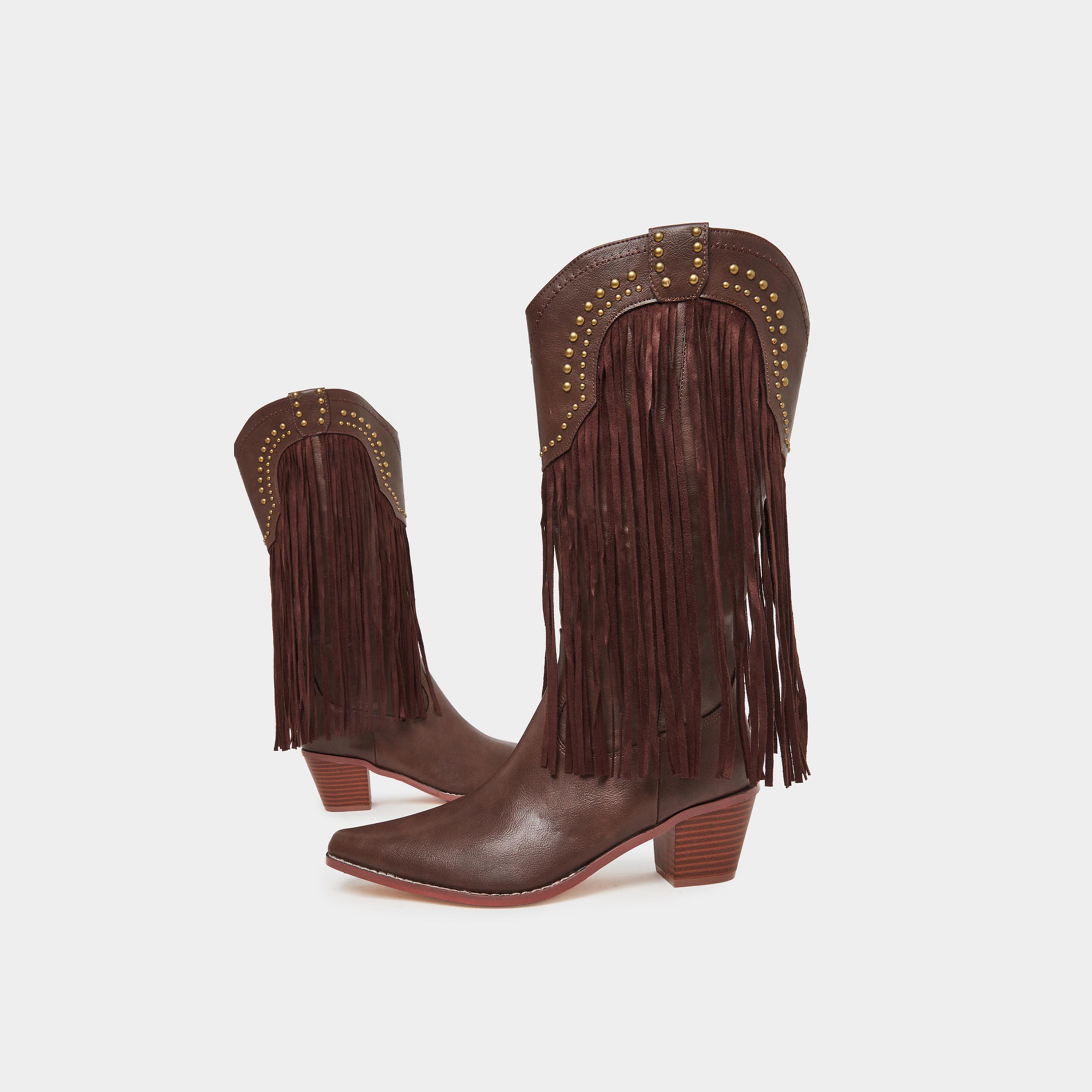 Styli Women Brown Fringe Cowboy Boots-women-shoes-boots-image-4