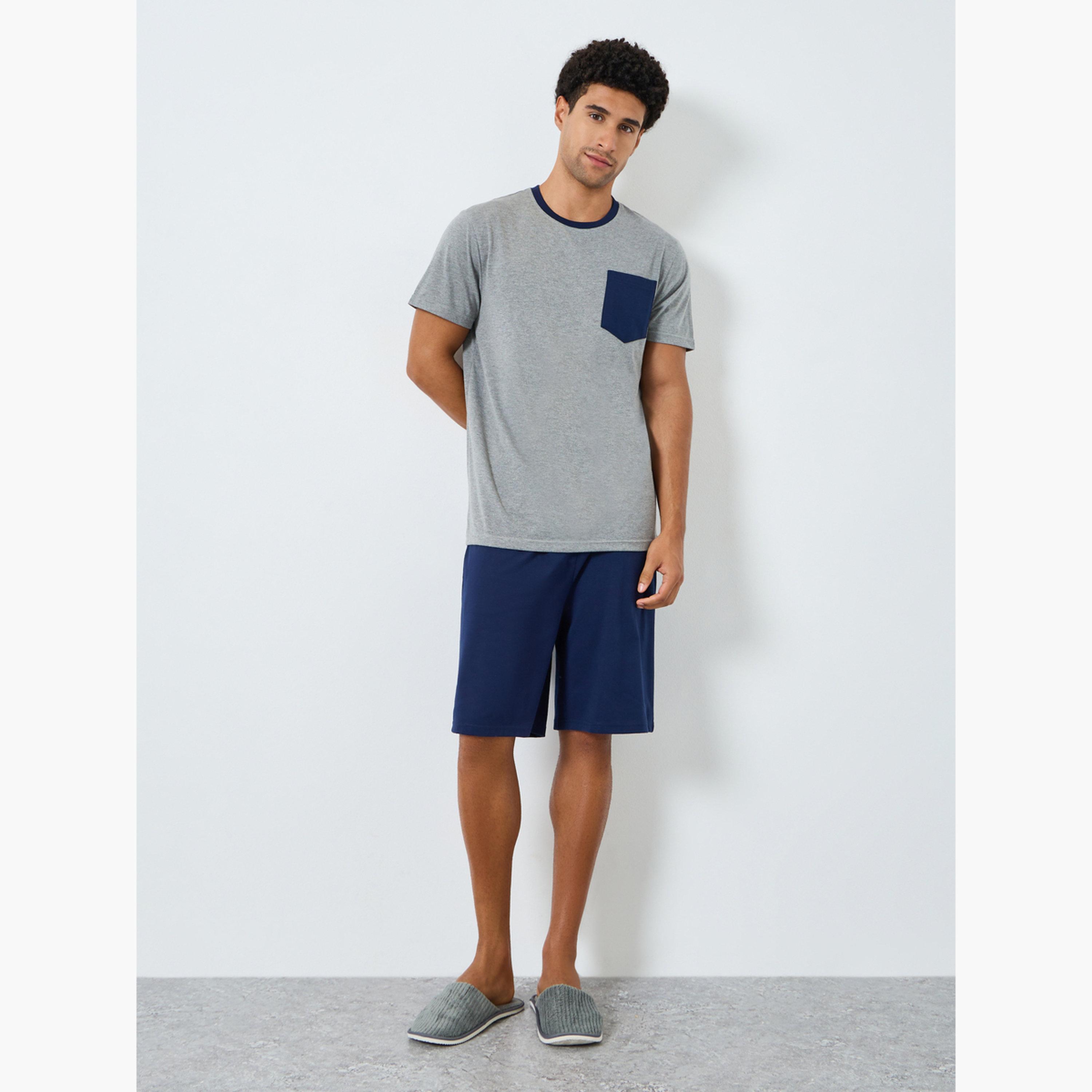 Styli Men Grey Contrast Pocket T-Shirt and Shorts Pyjama Set-men-clothing-nightwear-sets-image-1