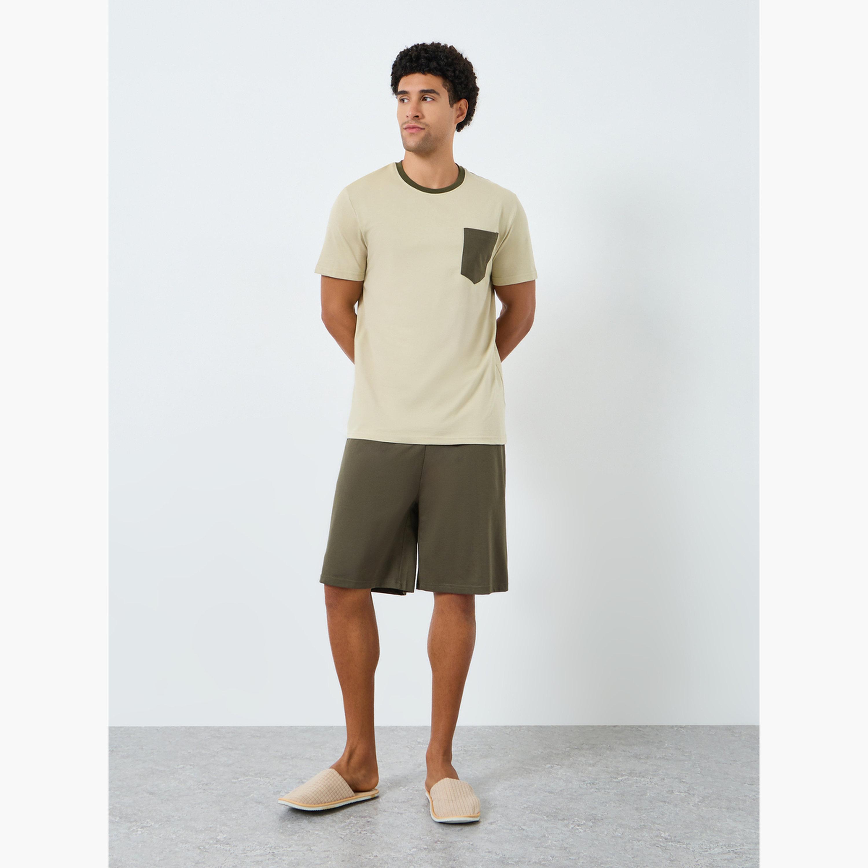 Styli Men Olive Contrast Pocket T-Shirt and Shorts Pyjama Set-men-clothing-nightwear-sets-image-1