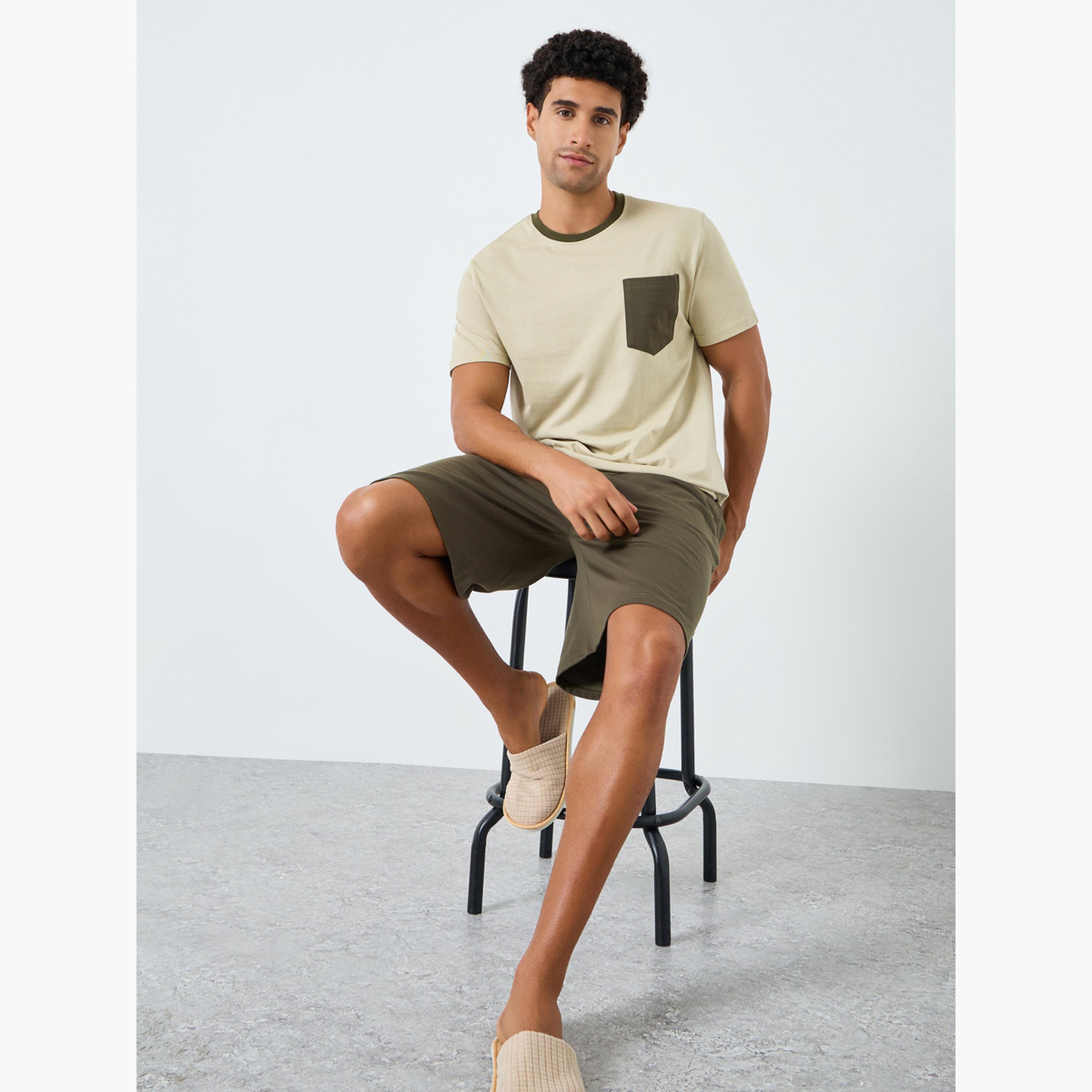 Styli Men Olive Contrast Pocket T-Shirt and Shorts Pyjama Set-men-clothing-nightwear-sets-image-6