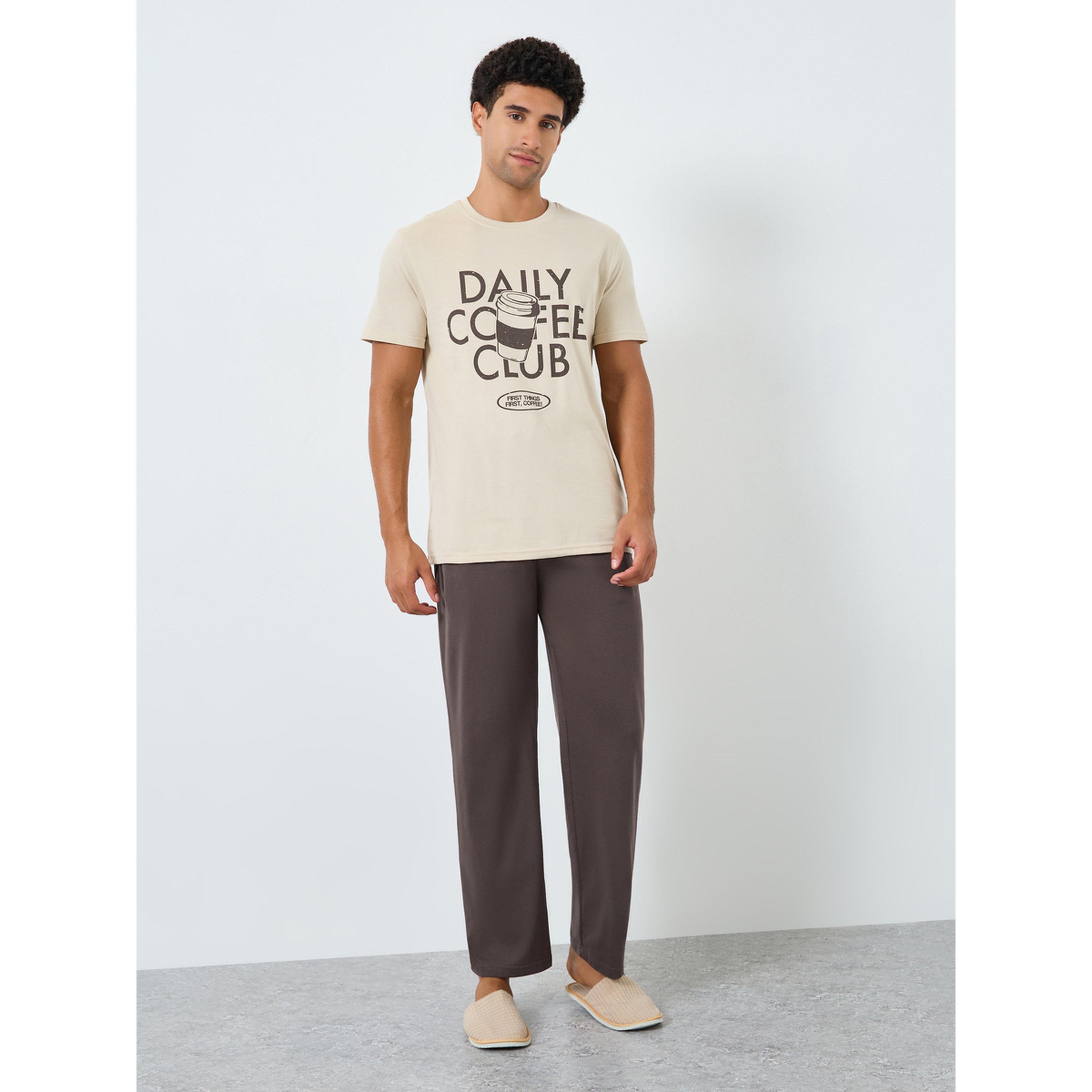 Styli Men Beige Graphic Print T-Shirt and Pyjama Set-men-clothing-nightwear-sets-image-1