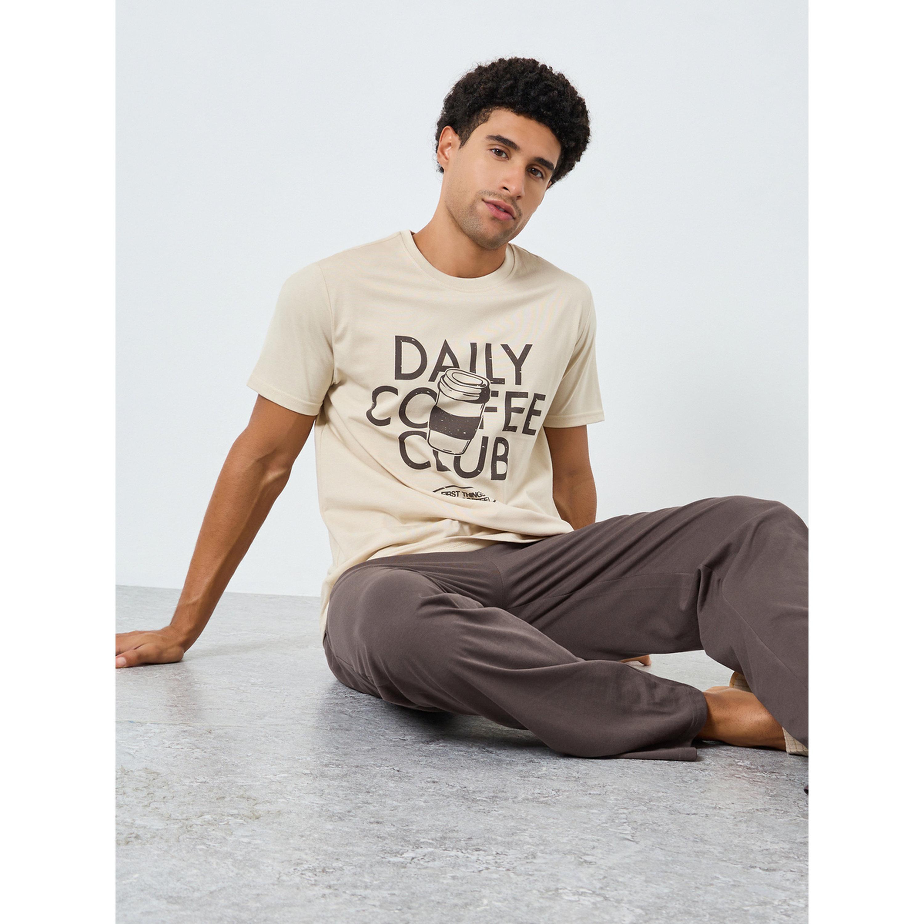 Styli Men Beige Graphic Print T-Shirt and Pyjama Set-men-clothing-nightwear-sets-image-2