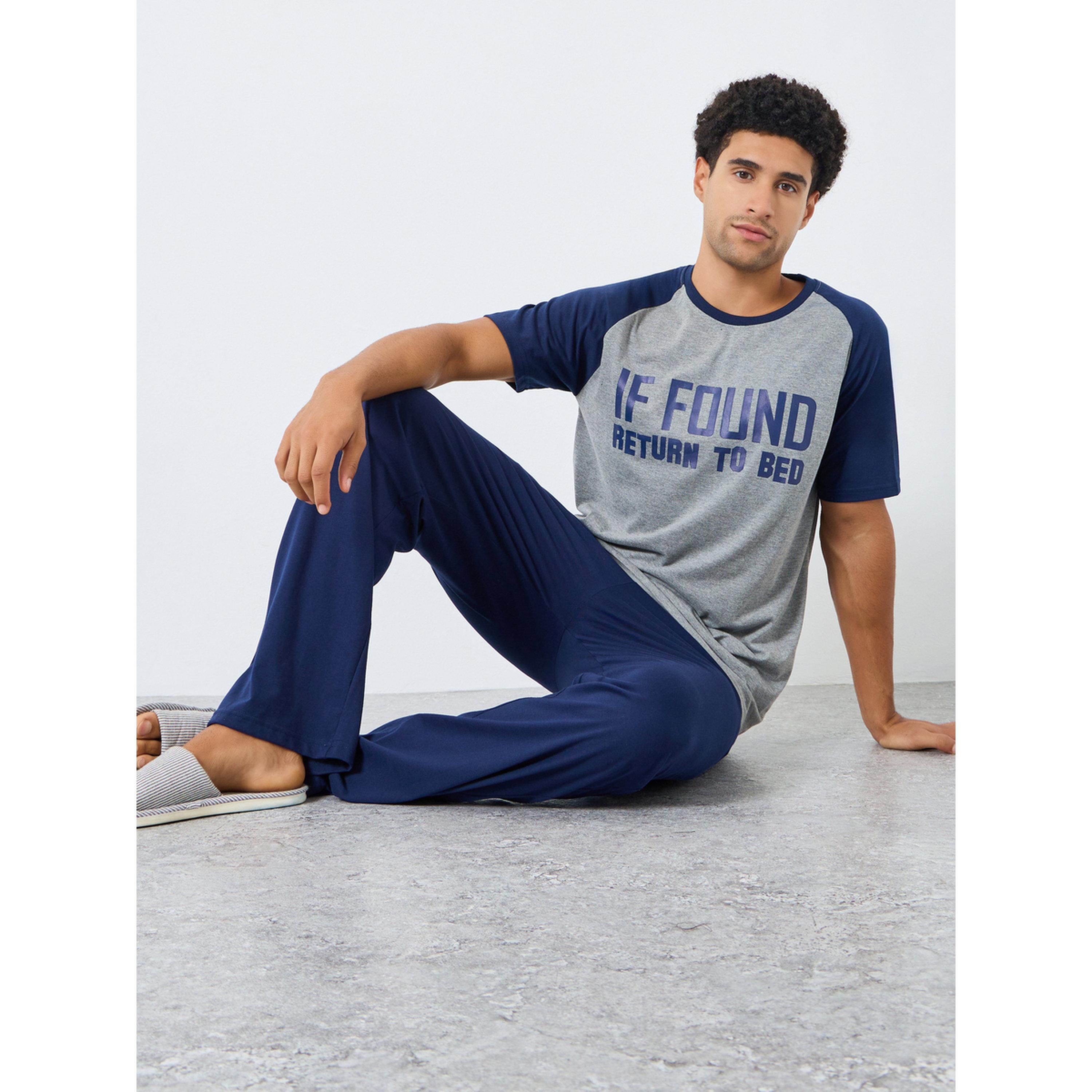 Styli Men Grey Printed Raglan Sleeve T-Shirt and Pyjama Set-men-clothing-nightwear-sets-image-2