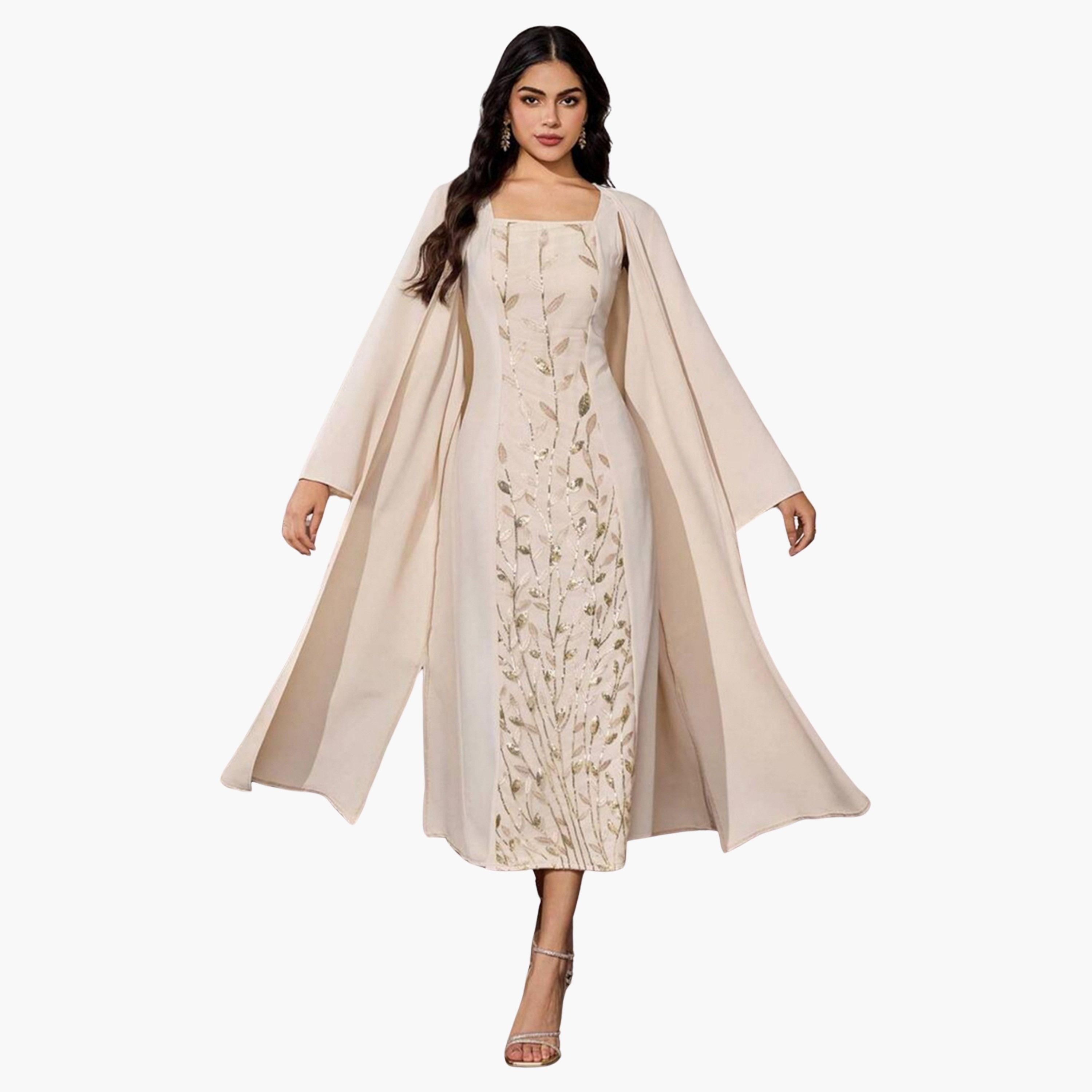 Take Two Beige Embroidered Midi Dress and Kimono Co-ords-women-clothing-coordsets-image-1