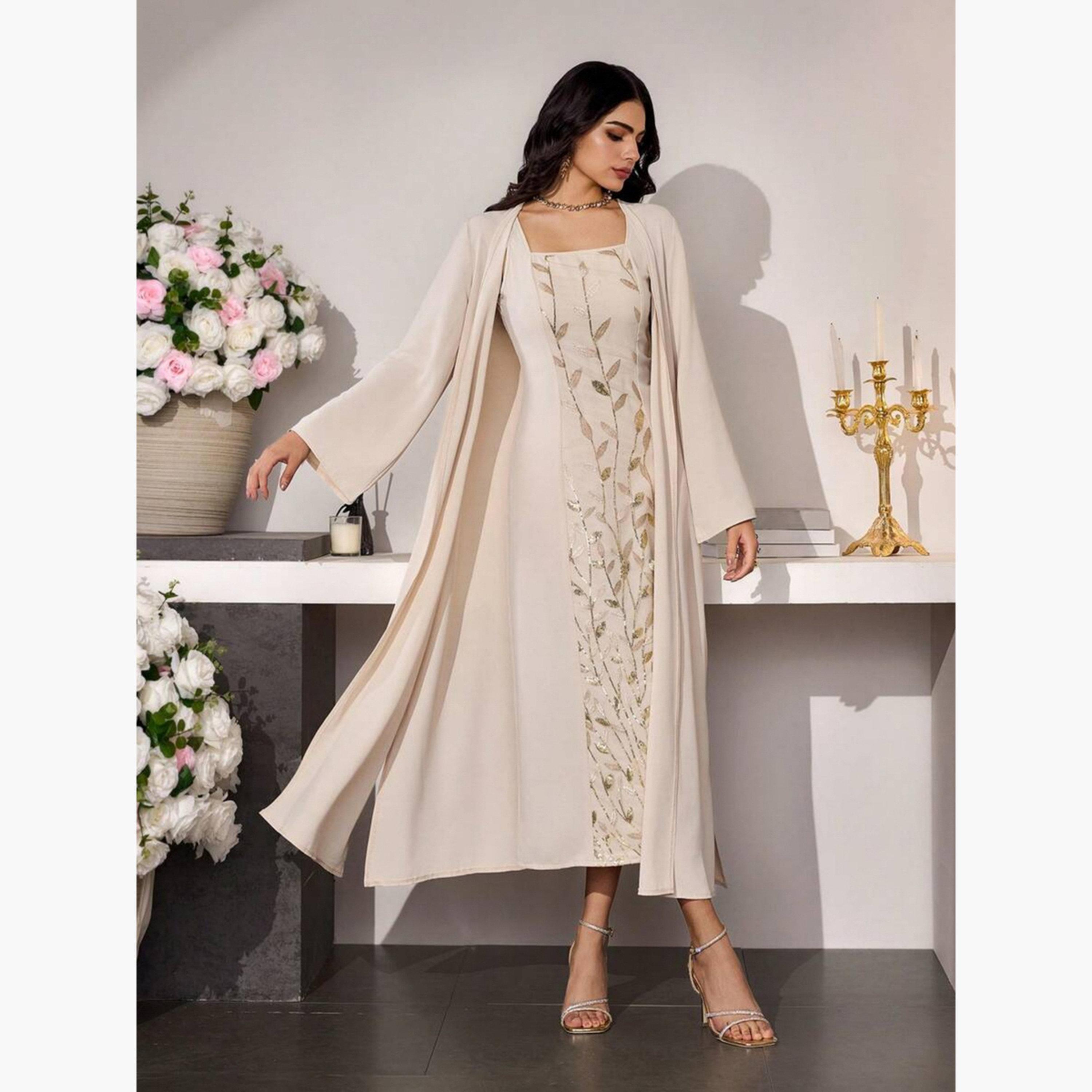 Take Two Beige Embroidered Midi Dress and Kimono Co-ords-women-clothing-coordsets-image-3