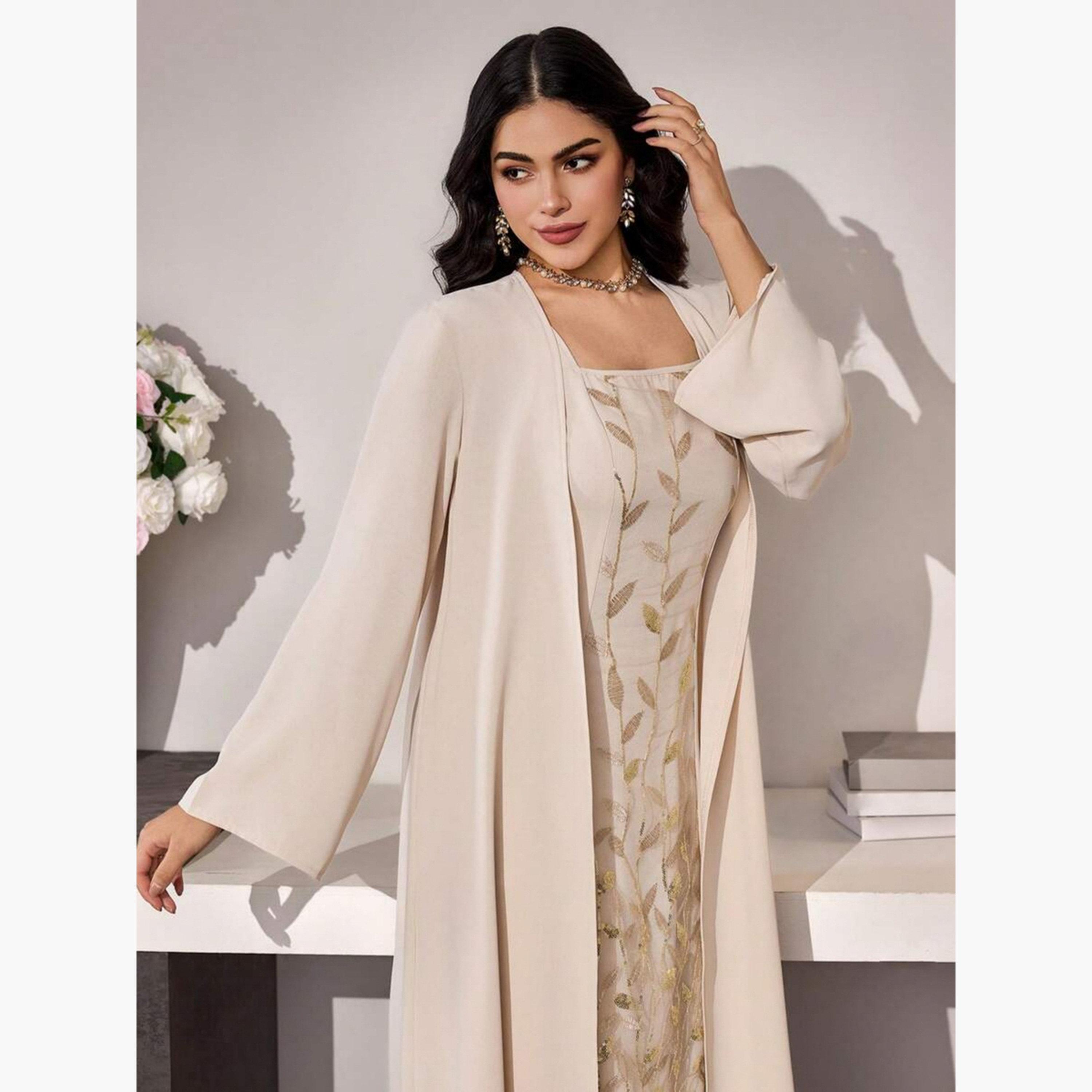 Take Two Beige Embroidered Midi Dress and Kimono Co-ords-women-clothing-coordsets-image-4