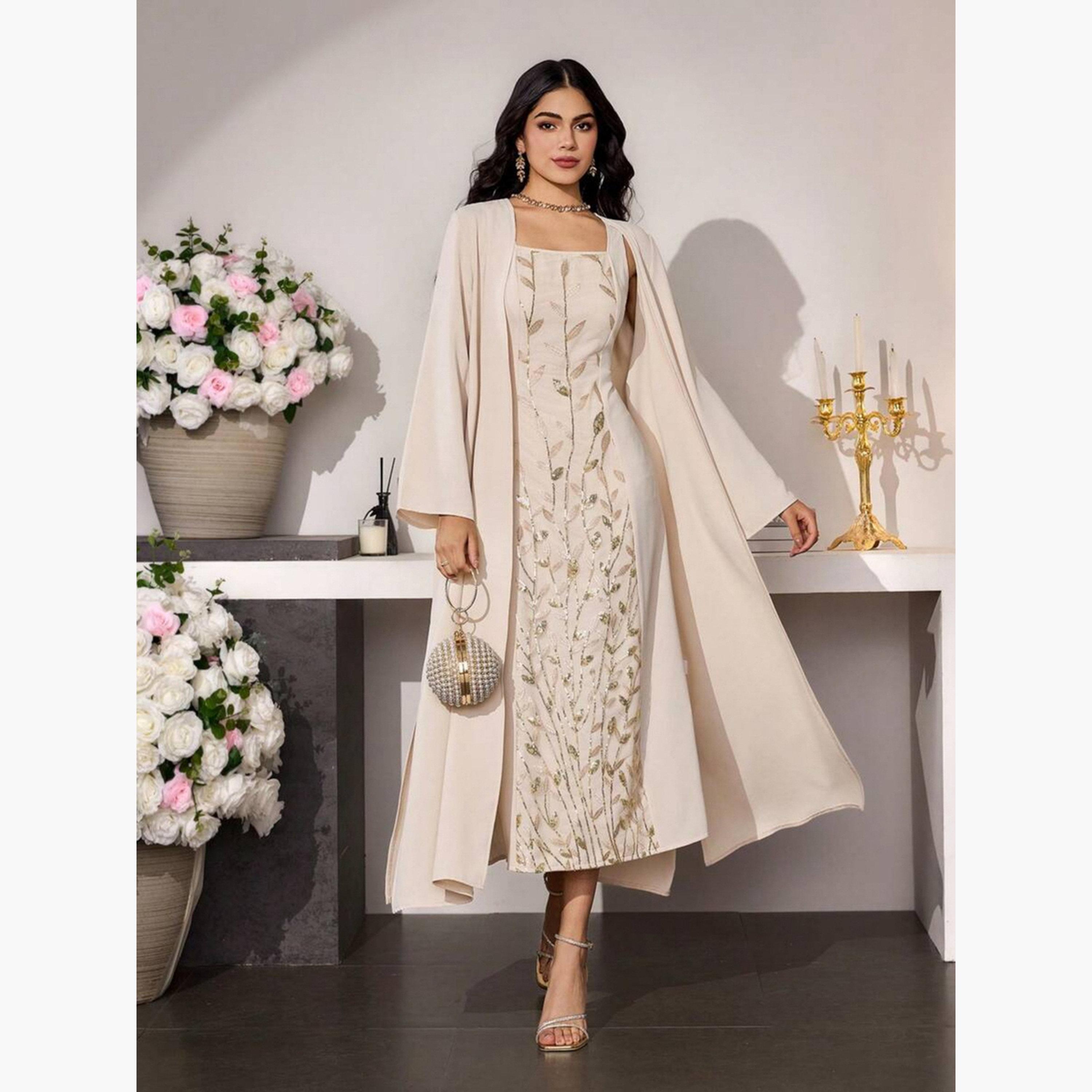 Take Two Beige Embroidered Midi Dress and Kimono Co-ords-women-clothing-coordsets-image-5