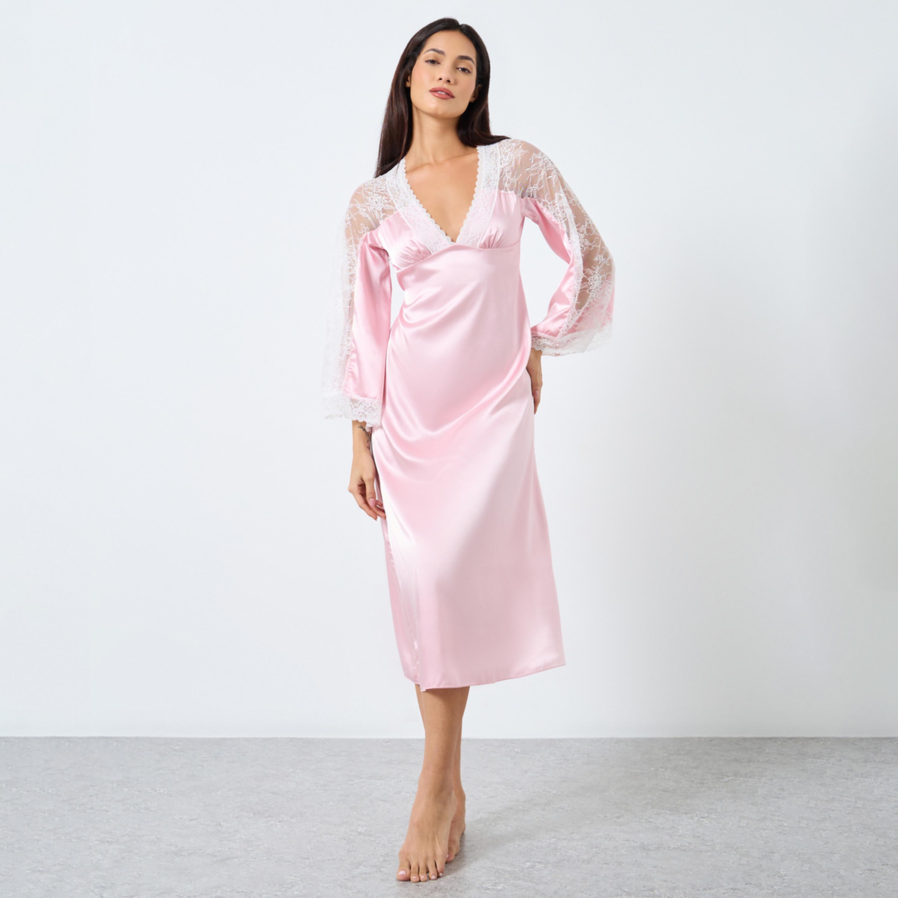 تيك تو - قميص نوم ساتان بفتحة رقبة على شكل حرف V مع دانتيل متباين-women-clothing-nightwear-nighties-image-1