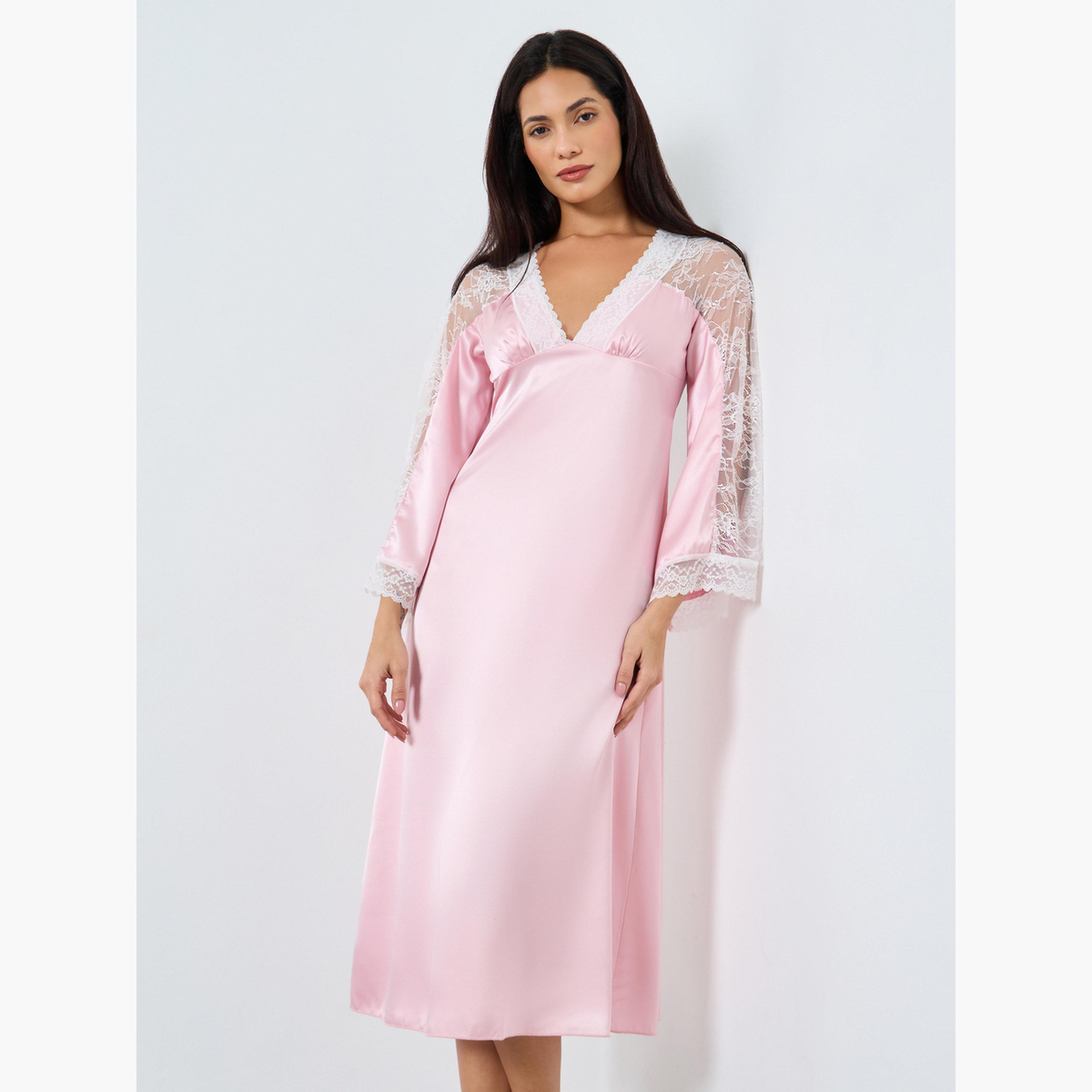 تيك تو - قميص نوم ساتان بفتحة رقبة على شكل حرف V مع دانتيل متباين-women-clothing-nightwear-nighties-image-2