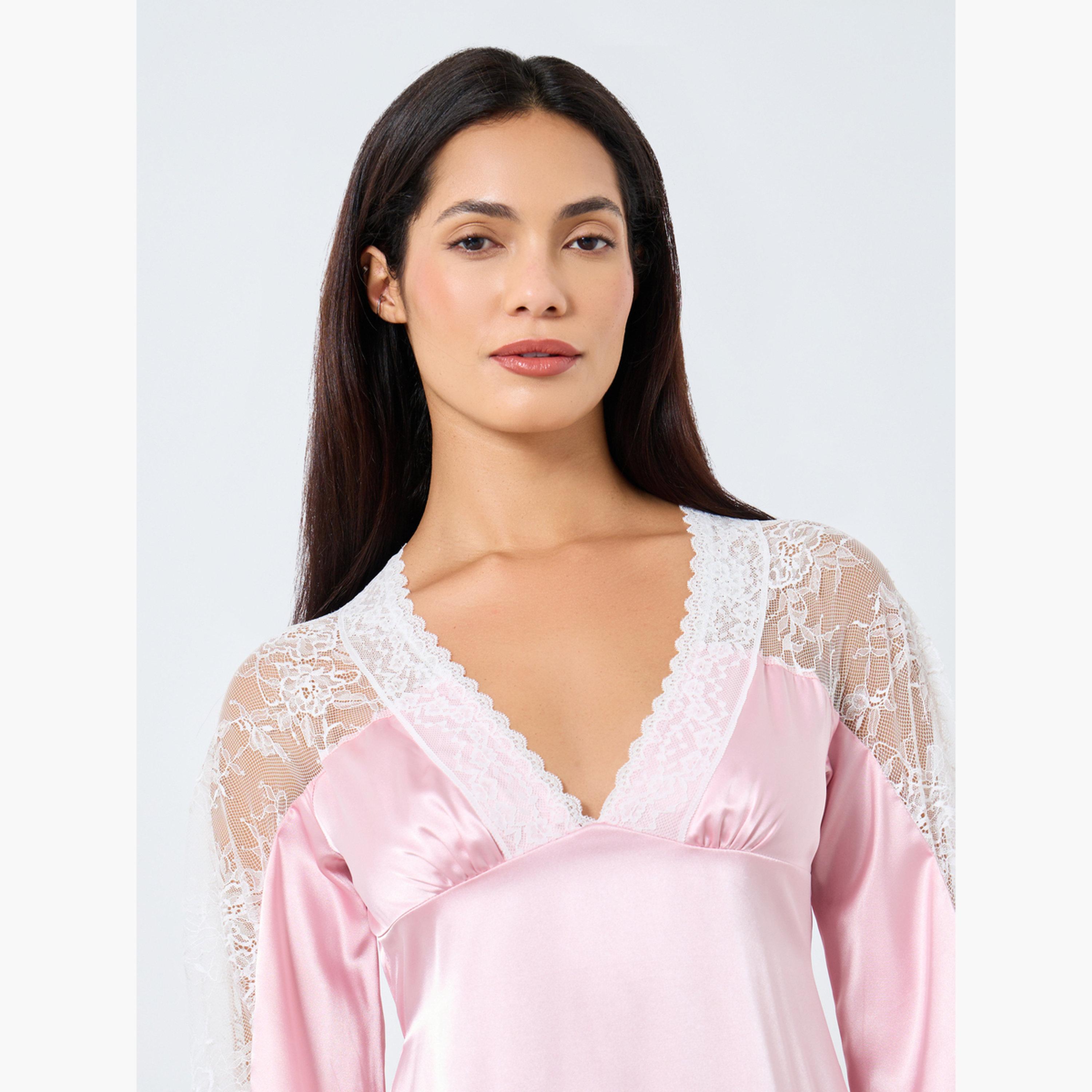 تيك تو - قميص نوم ساتان بفتحة رقبة على شكل حرف V مع دانتيل متباين-women-clothing-nightwear-nighties-image-4