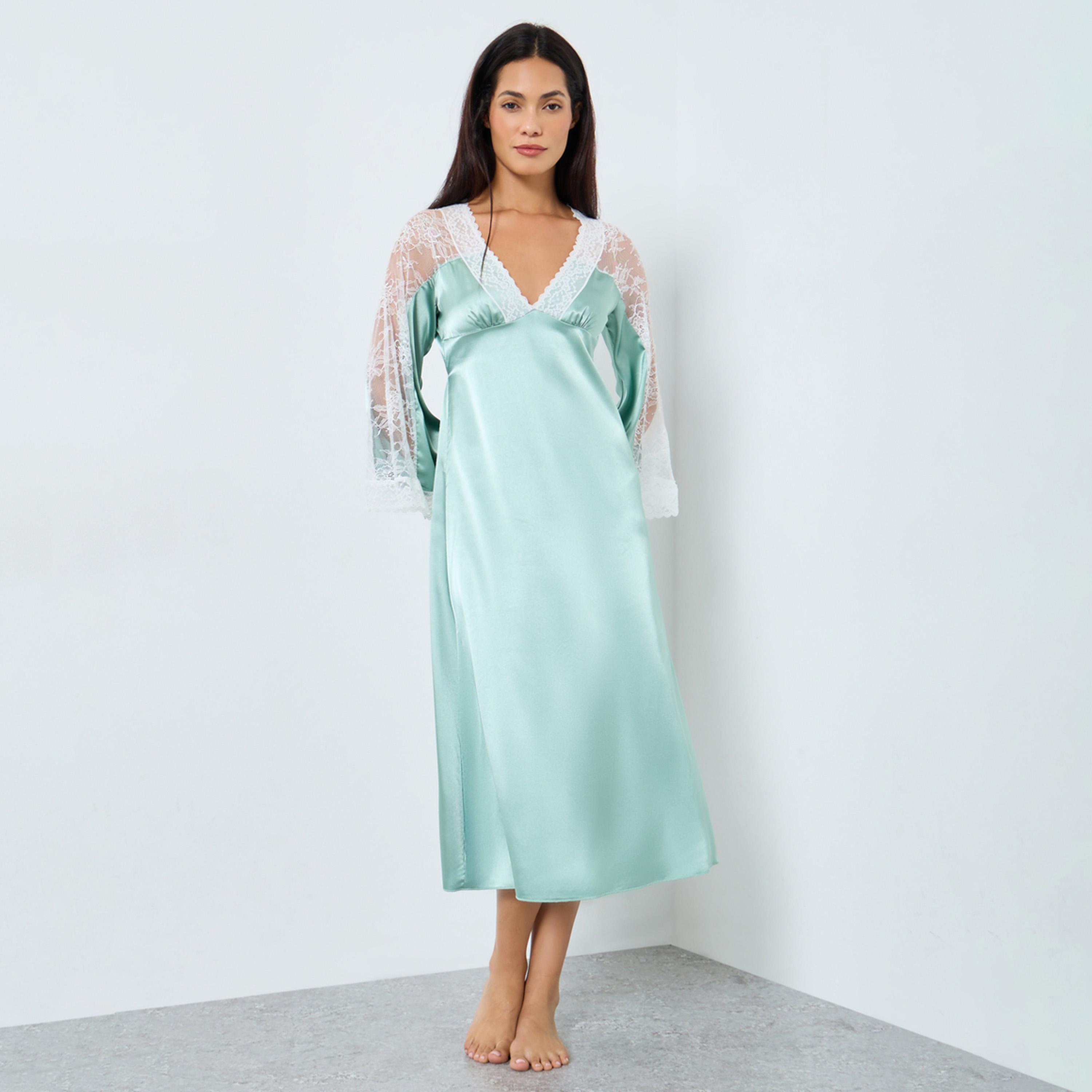 Take Two Contrast Lace Insert V Neck Satin Nightdress-women-clothing-nightwear-nighties-image-1